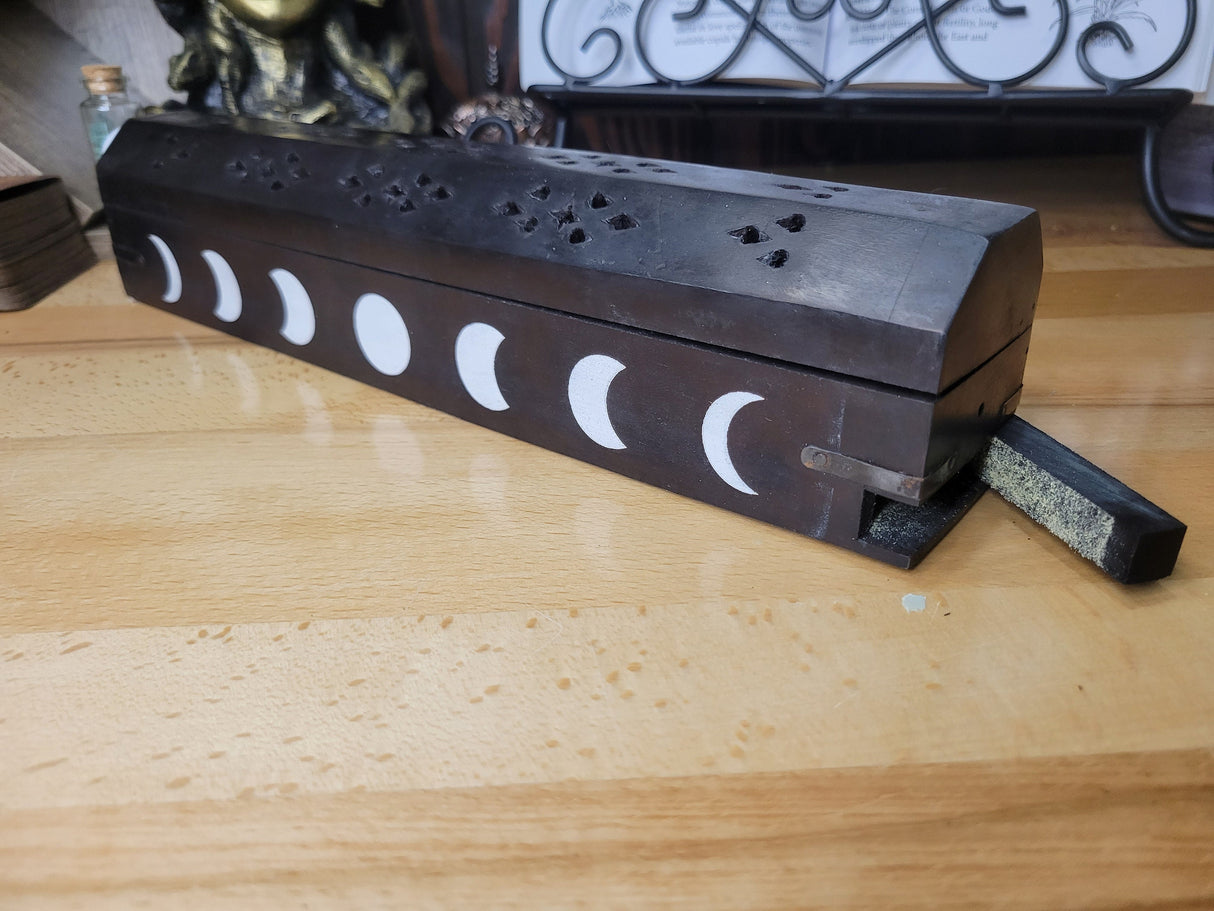 Phases of the Moon Black Wooden Incense Burner Box, Incense Storage Box, Moon Handcrafted Wood Box for Incense