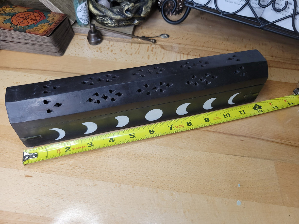 Phases of the Moon Black Wooden Incense Burner Box, Incense Storage Box, Moon Handcrafted Wood Box for Incense