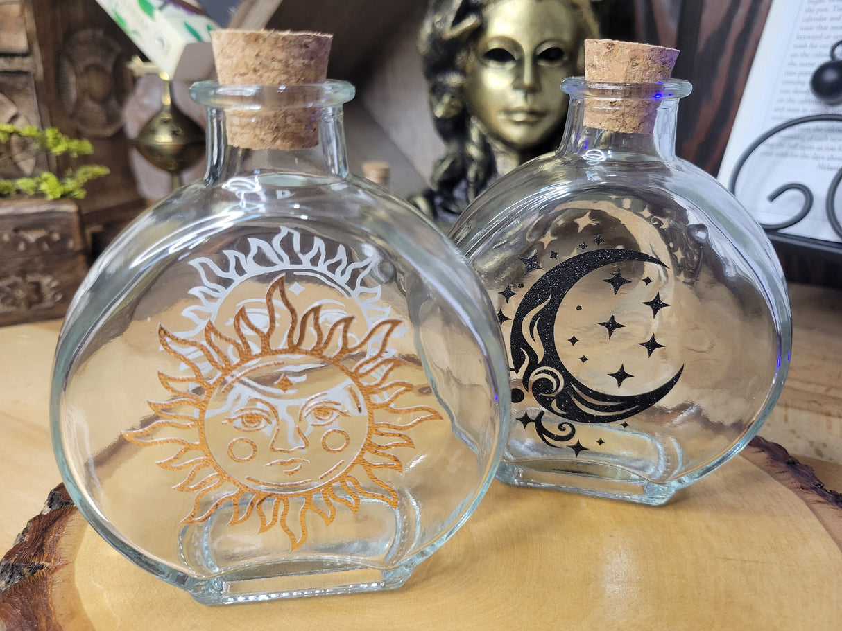Moon and Sun Glass Bottle, Witchy Moon Jar with Cork, Glass Moon Decorated, Sun Spell Bottle