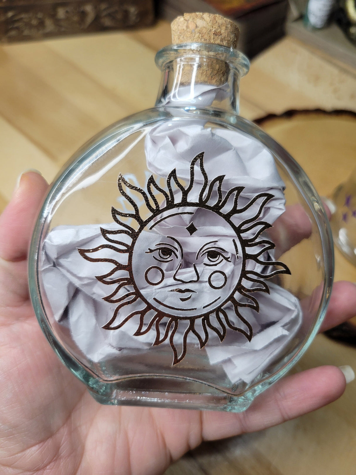 Moon and Sun Glass Bottle, Witchy Moon Jar with Cork, Glass Moon Decorated, Sun Spell Bottle