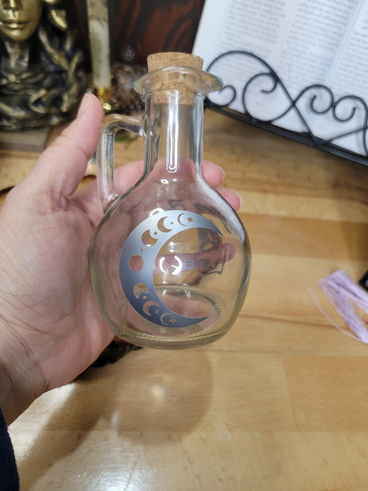 Moon Water Glass Bottle, Agua de la Luna Bottle Witchy Moon Jar with Cork, Glass Moon Decorated