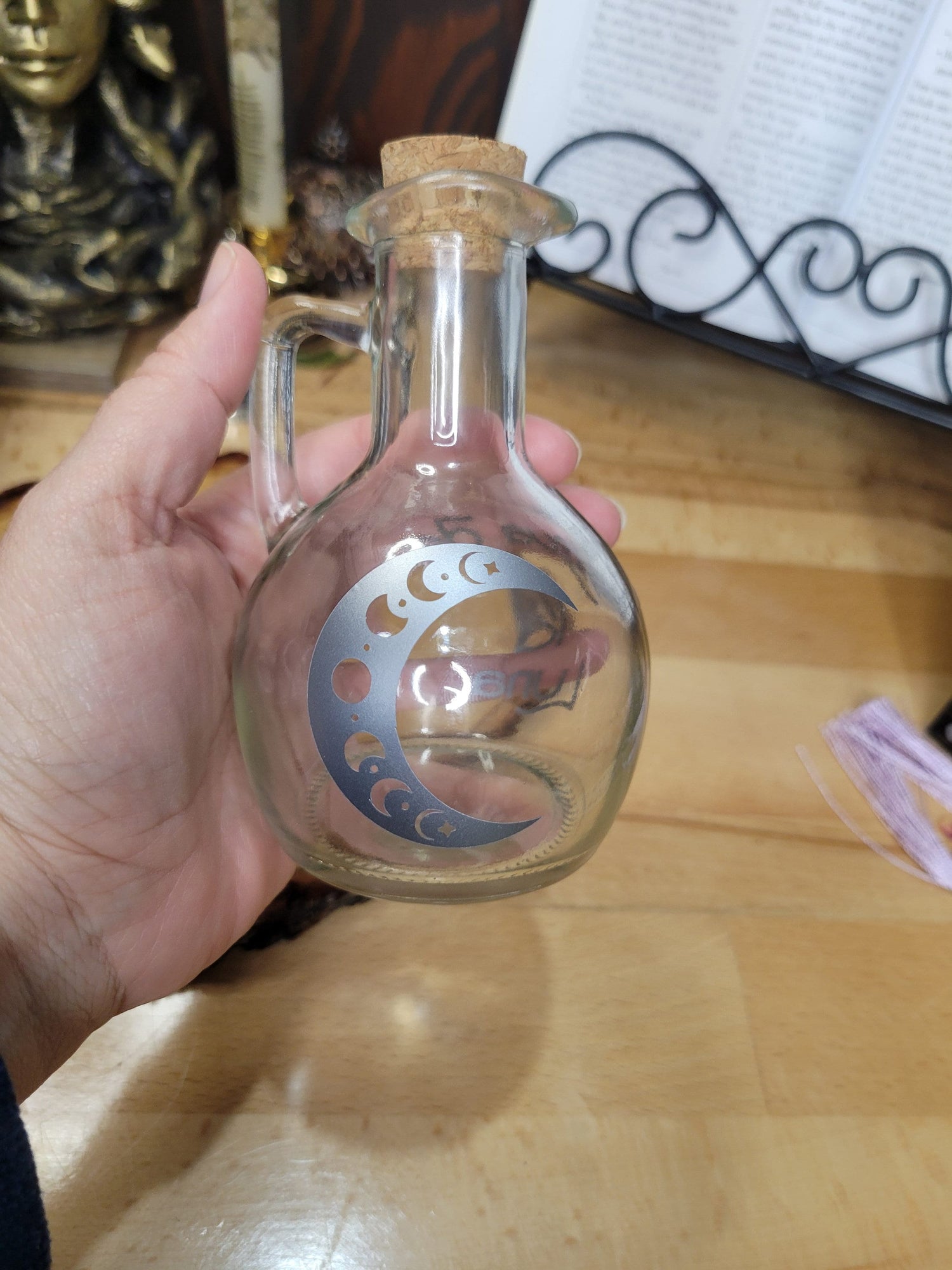 Moon Water Glass Bottle, Agua de la Luna Bottle Witchy Moon Jar with Cork, Glass Moon Decorated