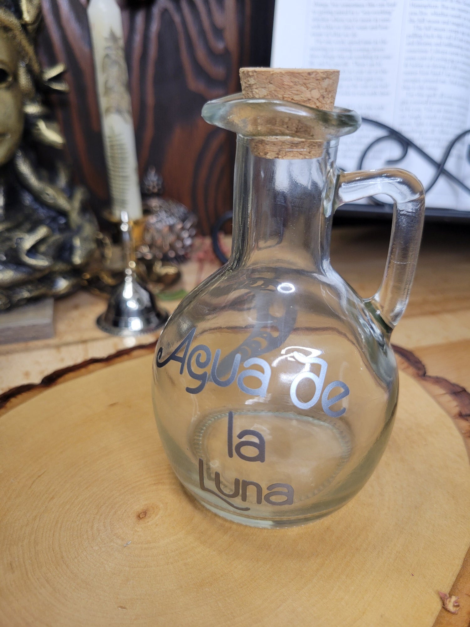 Moon Water Glass Bottle, Agua de la Luna Bottle Witchy Moon Jar with Cork, Glass Moon Decorated