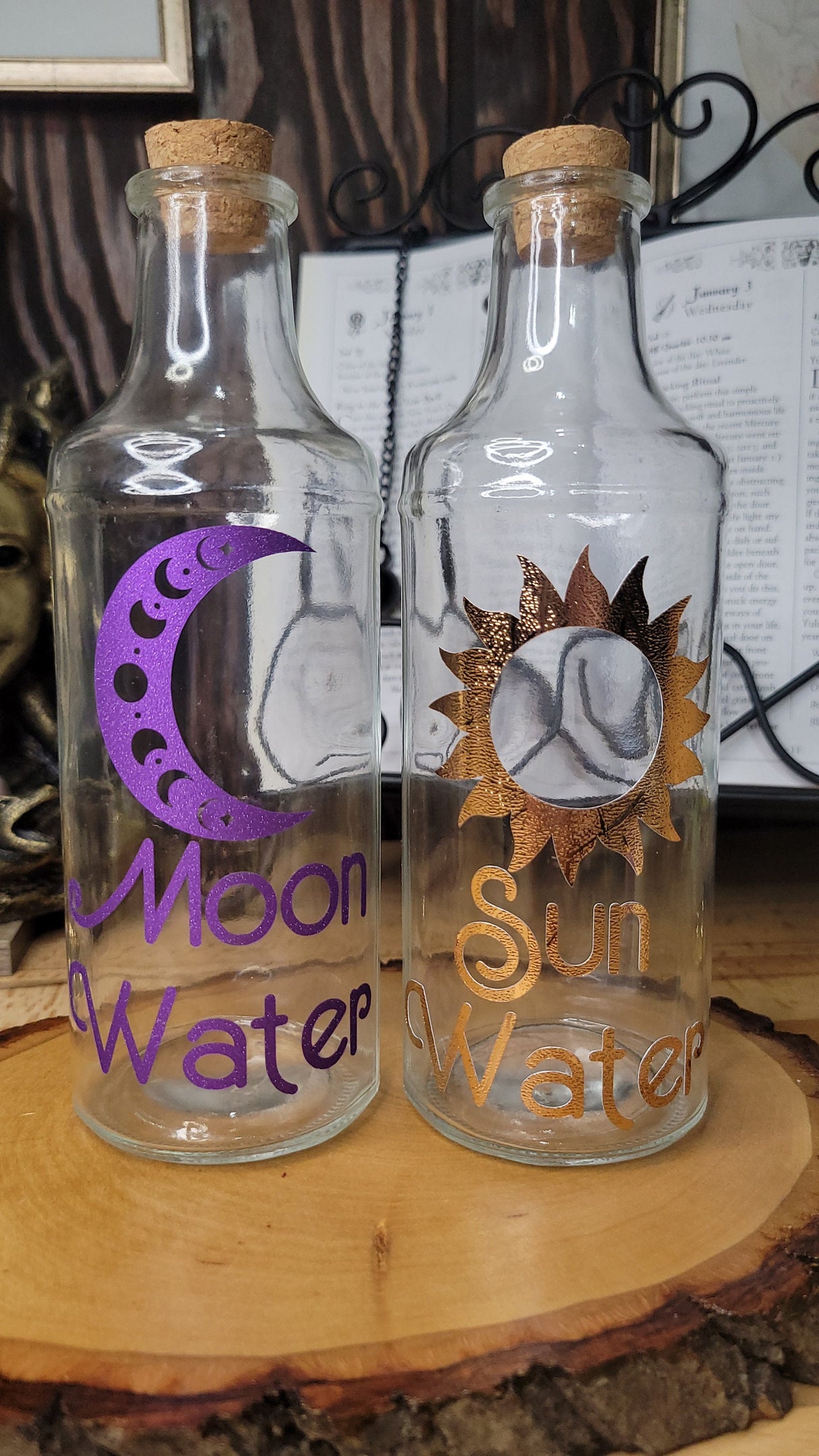 Big Moon and Sun Glass Bottle, Witchy Moon Jar with Cork, Glass Moon Decorated, Sun Spell Bottle