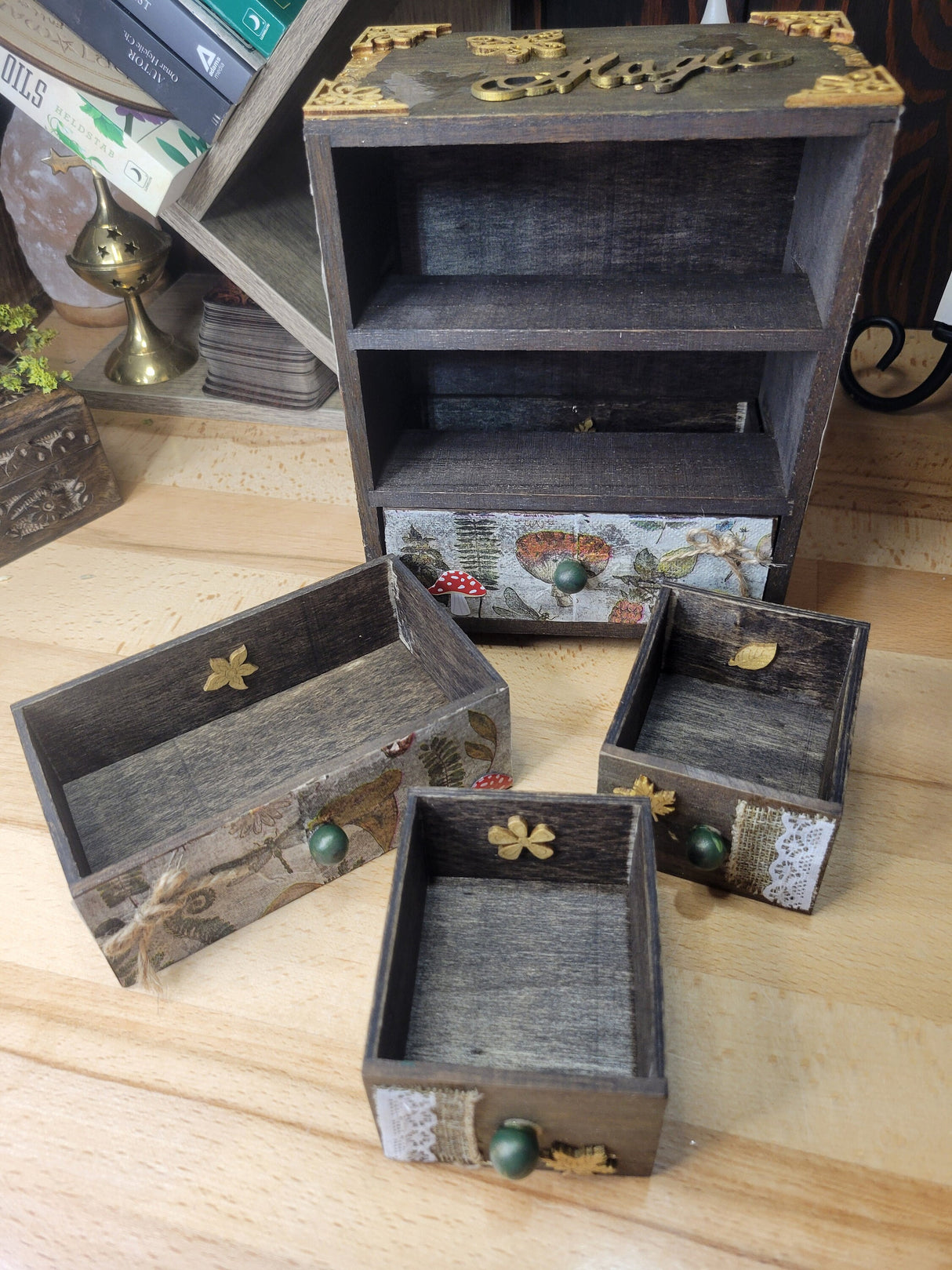 Wooden Chest Witchy Herbs and Flowers Hand-decorated and Painted Wooden 4 Drawer Box Mystical and Flowers Decoration