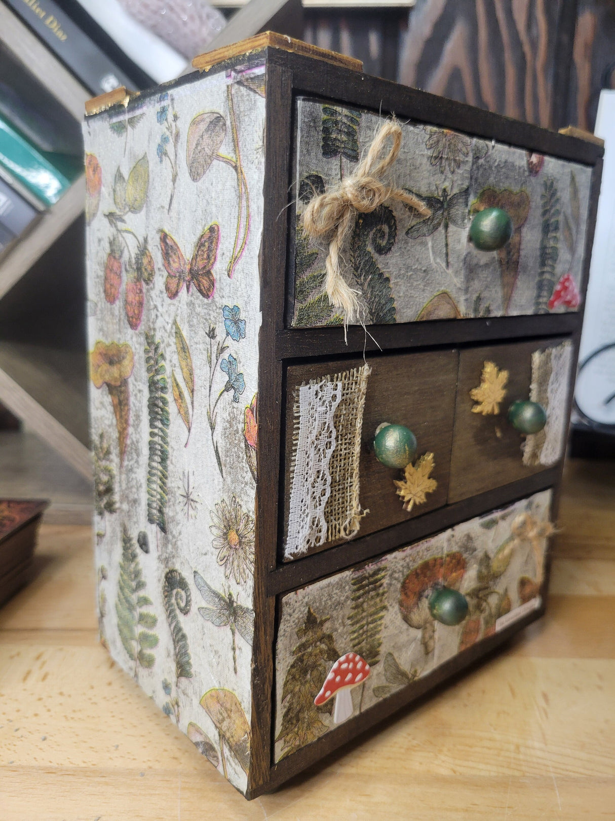 Wooden Chest Witchy Herbs and Flowers Hand-decorated and Painted Wooden 4 Drawer Box Mystical and Flowers Decoration