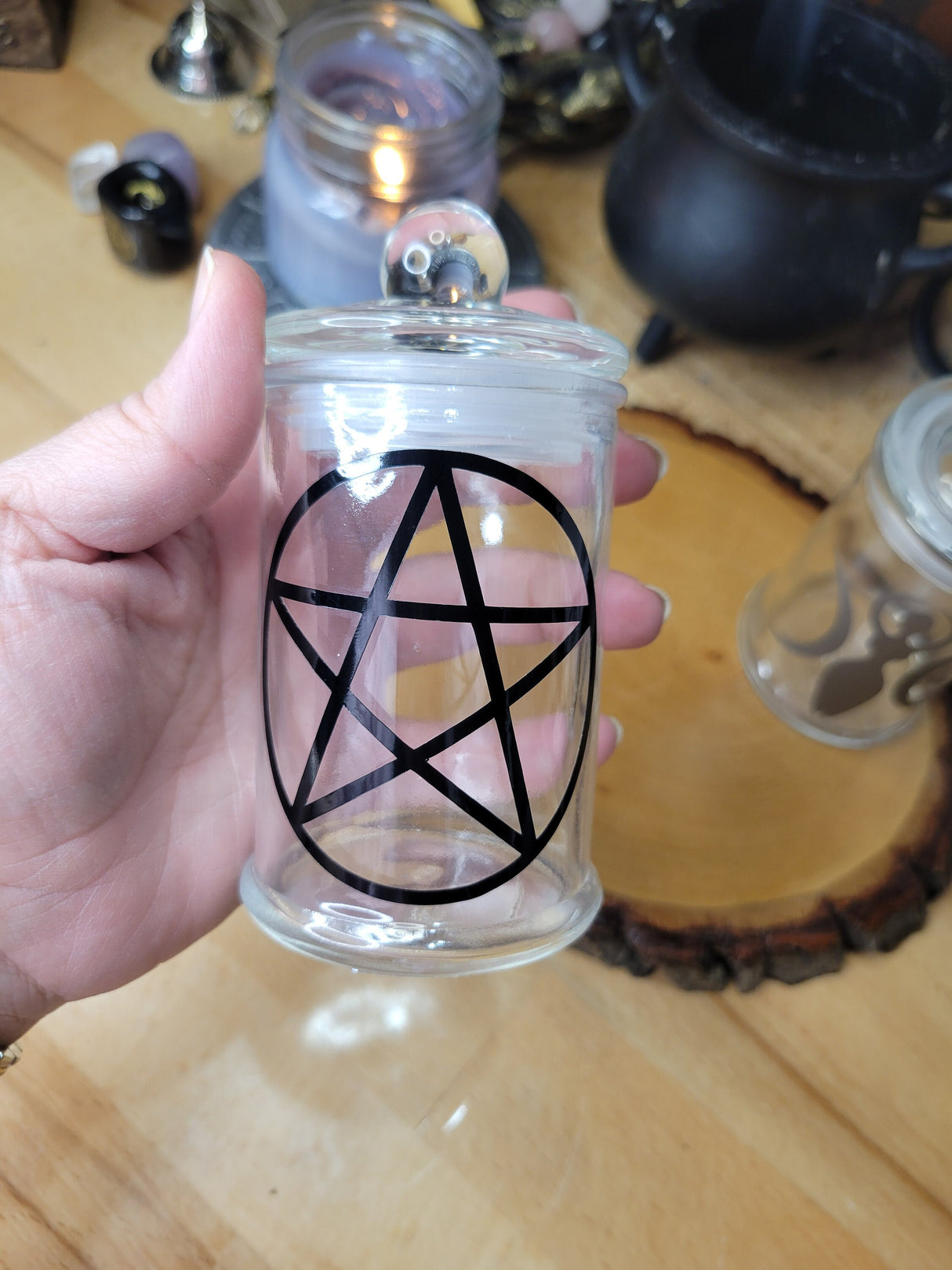 Pentagram and Goddess Glass Bottle, Witchy Moon Jar with Cork, Glass Goddess Decorated, Pentagram Spell Bottle