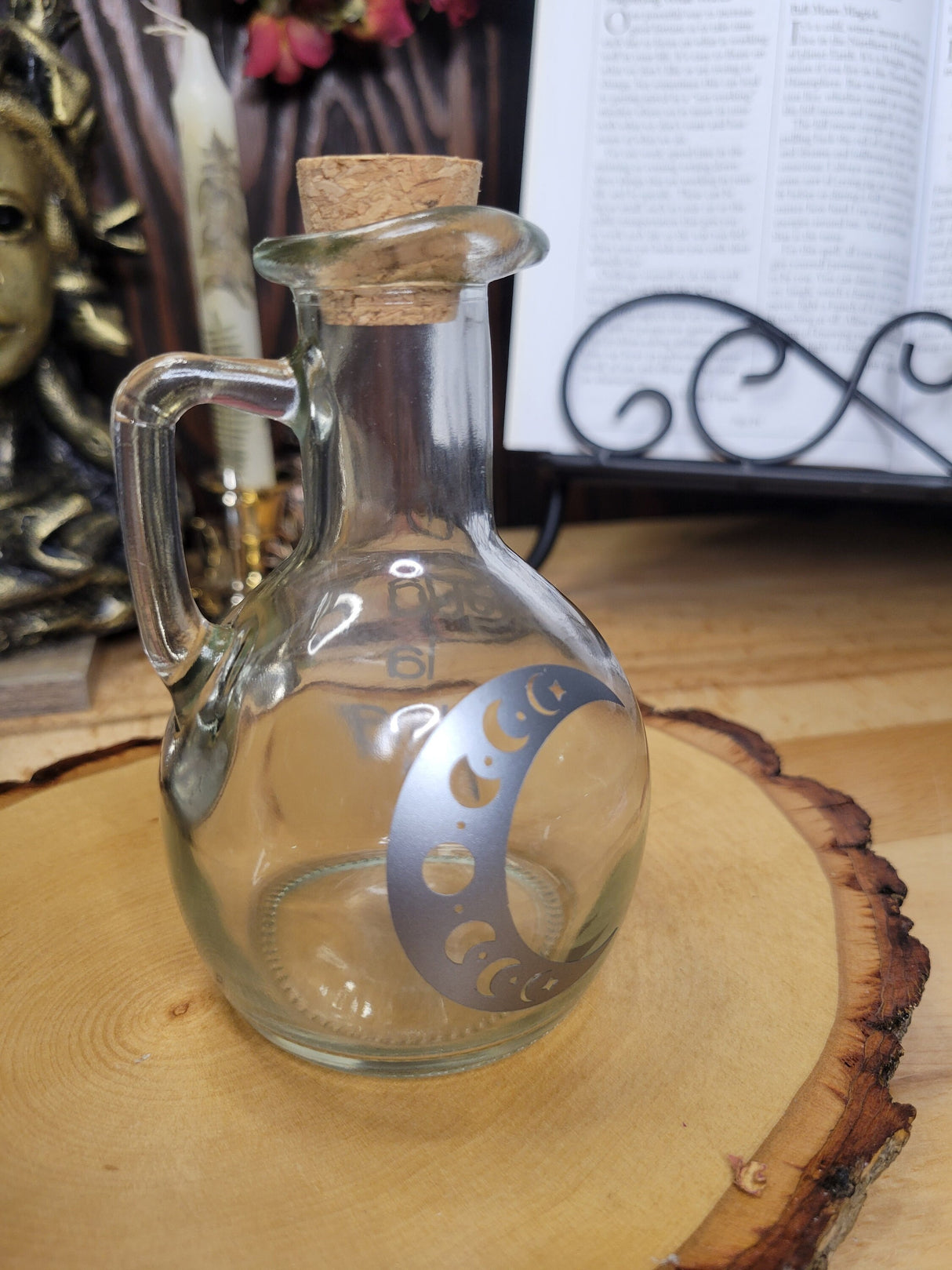 Moon Water Glass Bottle, Agua de la Luna Bottle Witchy Moon Jar with Cork, Glass Moon Decorated