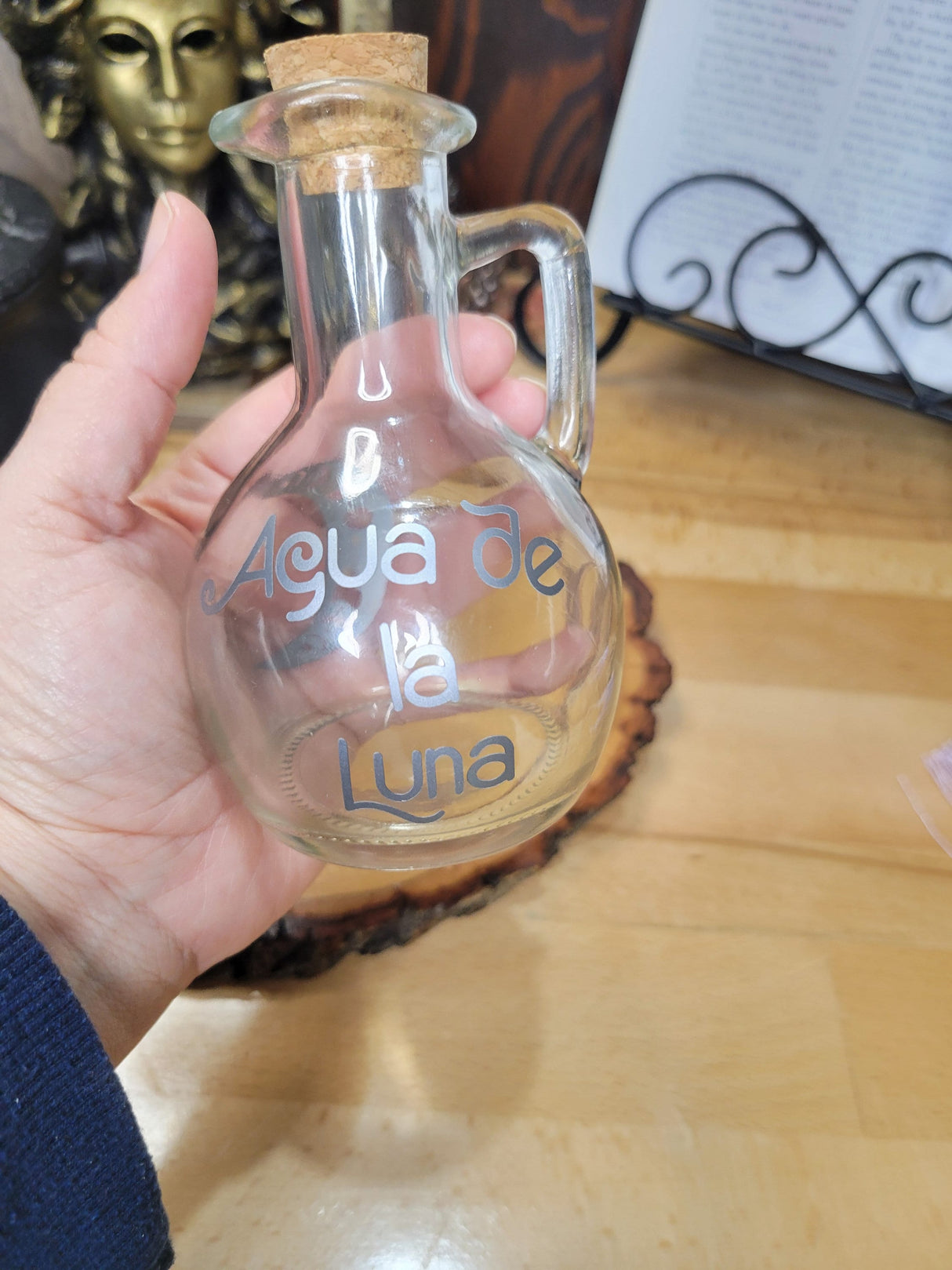 Moon Water Glass Bottle, Agua de la Luna Bottle Witchy Moon Jar with Cork, Glass Moon Decorated