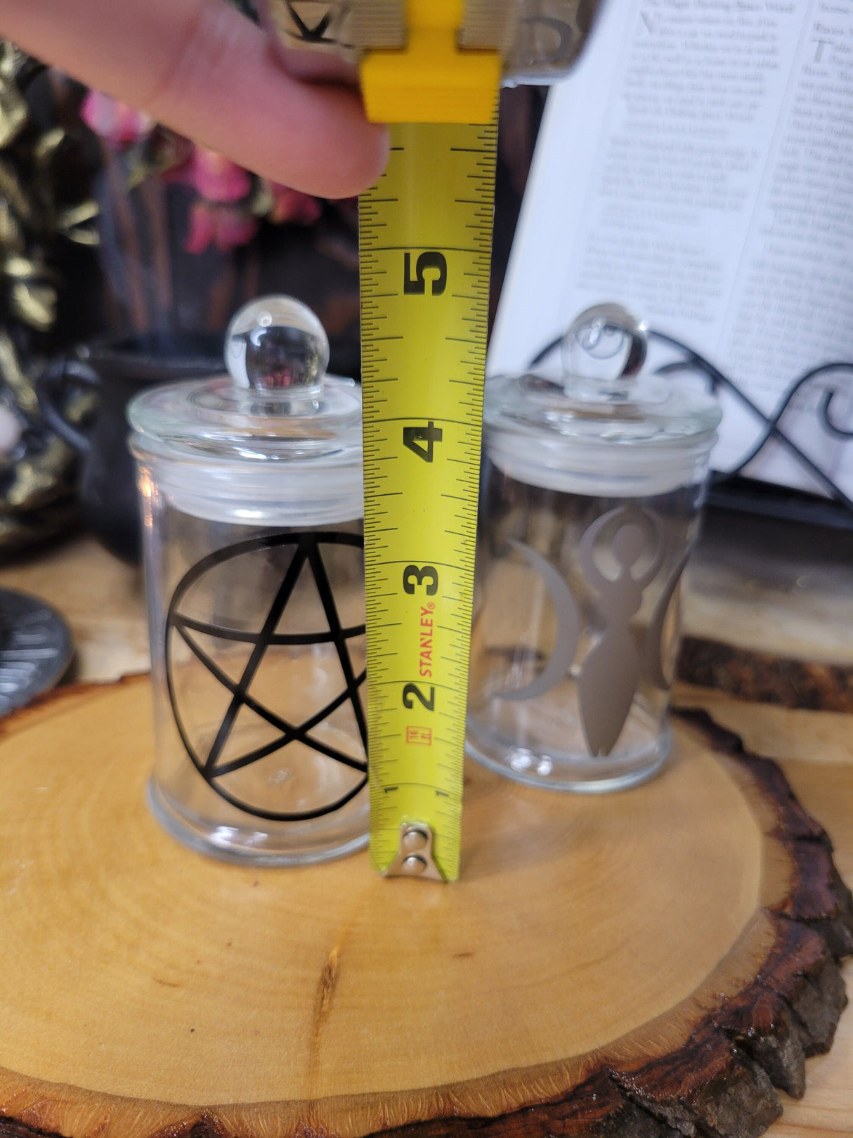 Pentagram and Goddess Glass Bottle, Witchy Moon Jar with Cork, Glass Goddess Decorated, Pentagram Spell Bottle