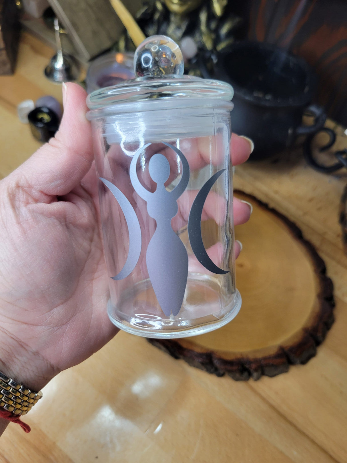 Pentagram and Goddess Glass Bottle, Witchy Moon Jar with Cork, Glass Goddess Decorated, Pentagram Spell Bottle