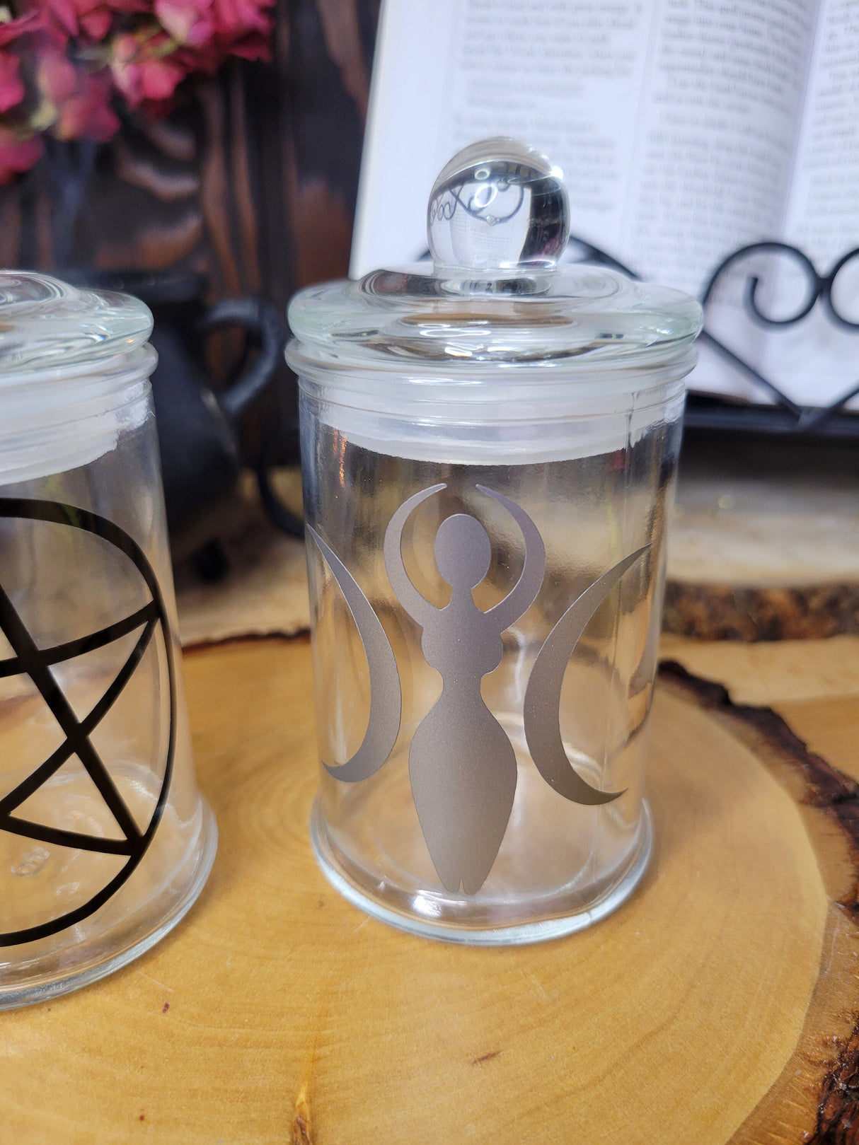 Pentagram and Goddess Glass Bottle, Witchy Moon Jar with Cork, Glass Goddess Decorated, Pentagram Spell Bottle
