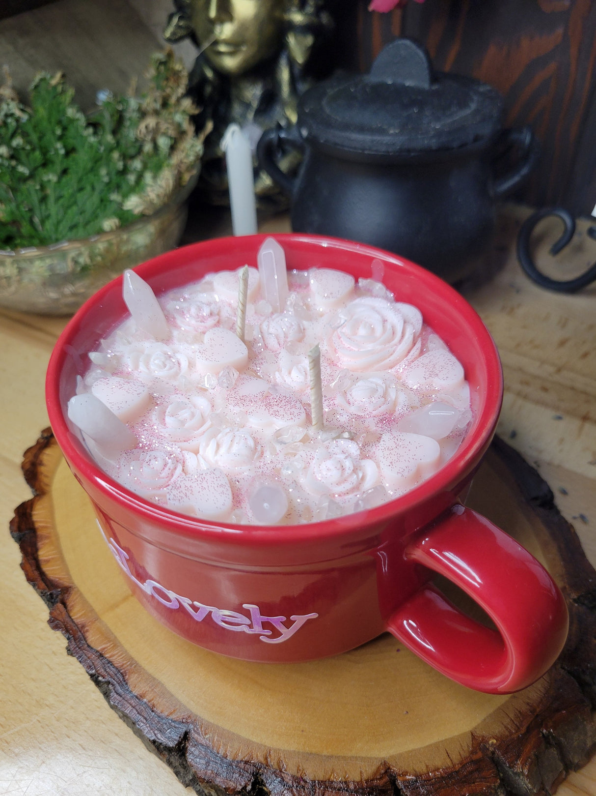 Self Love Rose Quartz Crystal Candle, Big Mug Handmade Ceramic Candles Soy Candles, Rose Quartz Flowers Candle