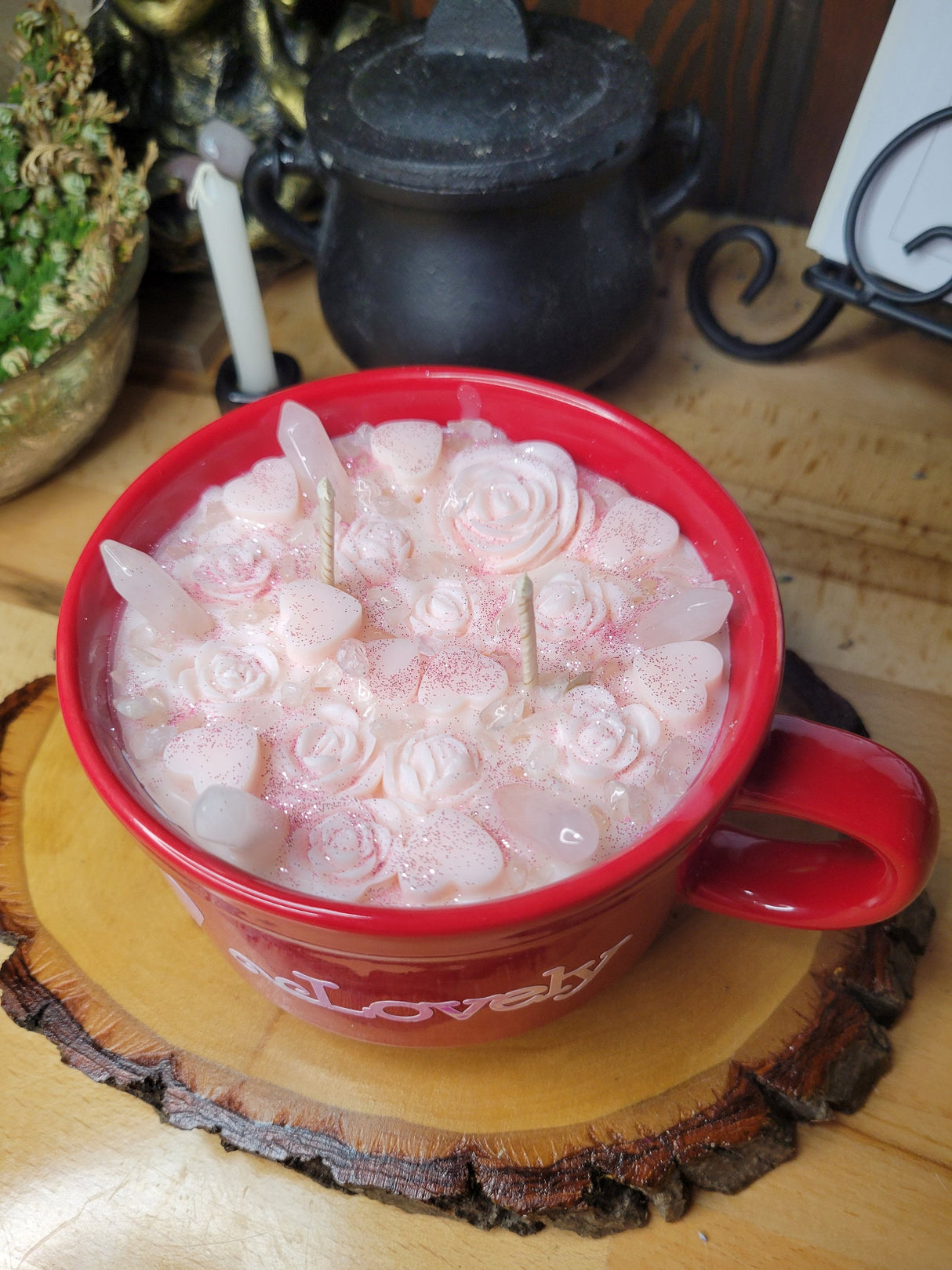 Self Love Rose Quartz Crystal Candle, Big Mug Handmade Ceramic Candles Soy Candles, Rose Quartz Flowers Candle
