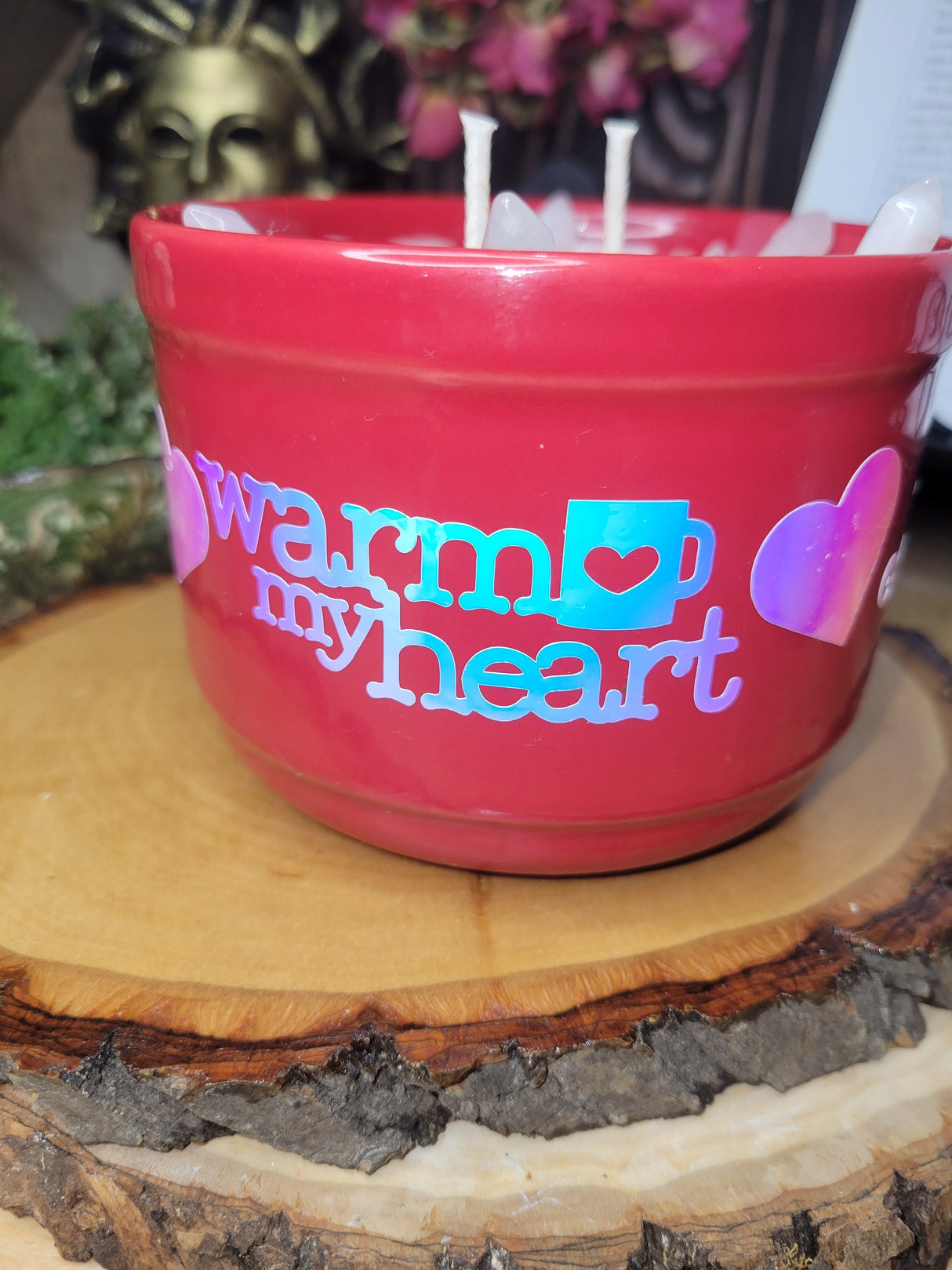 Self Love Rose Quartz Crystal Candle, Big Mug Handmade Ceramic Candles Soy Candles, Rose Quartz Flowers Candle