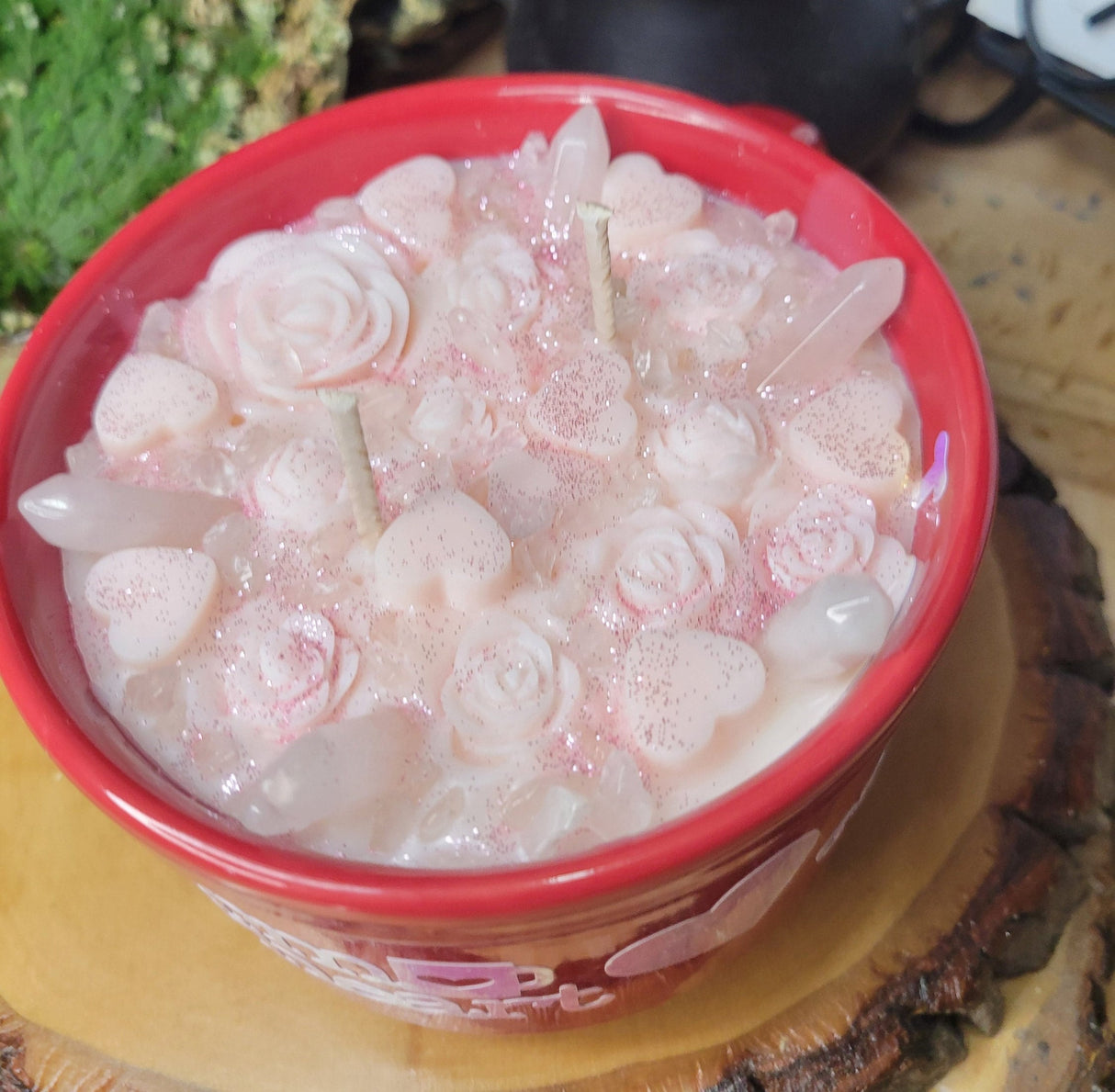 Self Love Rose Quartz Crystal Candle, Big Mug Handmade Ceramic Candles Soy Candles, Rose Quartz Flowers Candle