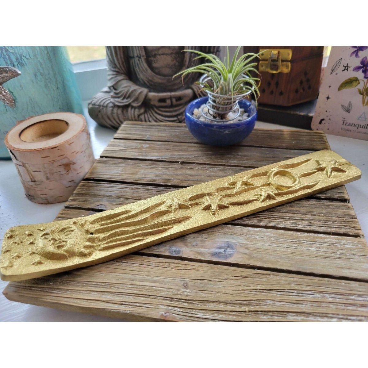 Metal Golden Sun/Moon Rays of Starts Stick/Cone Burner -Incense Holders