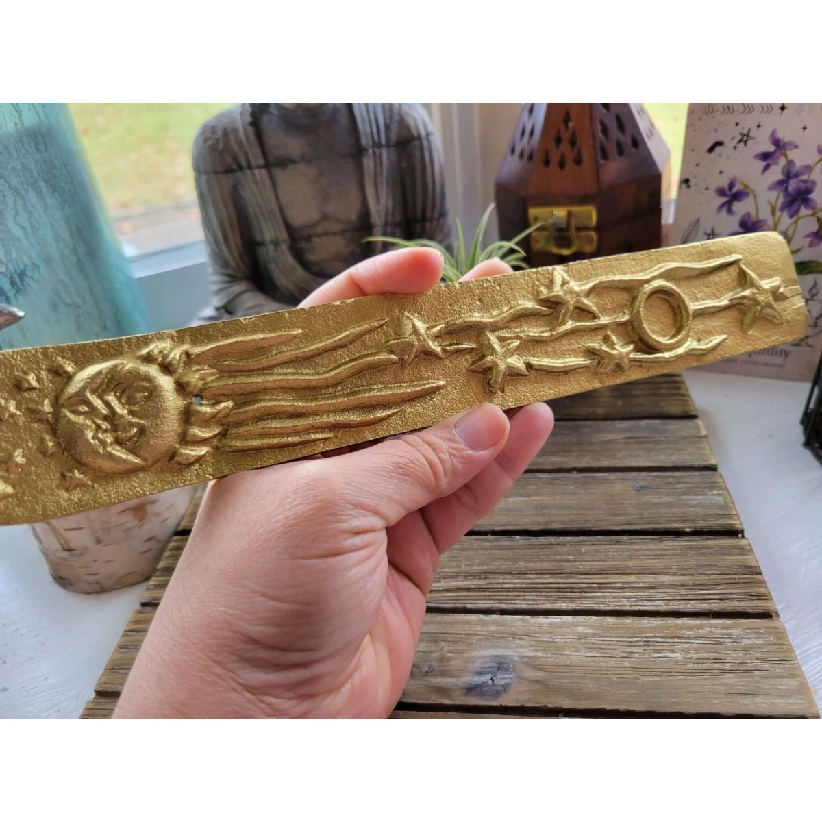 Metal Golden Sun/Moon Rays of Starts Stick/Cone Burner -Incense Holders