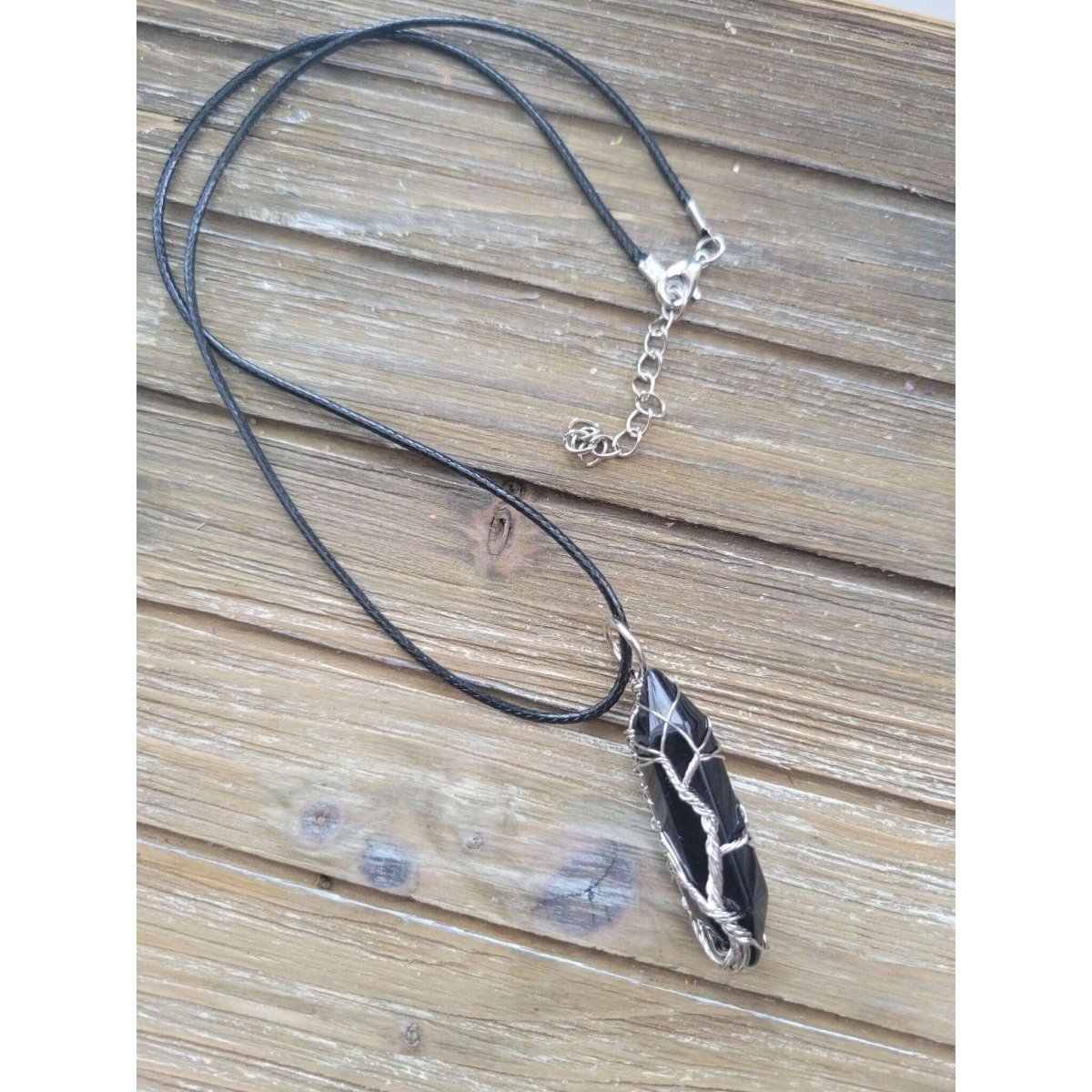 Natural Black Agate Big Wire Wrapped Pendants and Cord , Brass Wires, prismatic with Tree of Life / Crystal Jewelry -crystal pendant