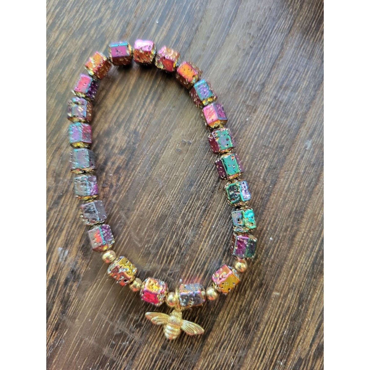 Natural Lava Rock Hexagon Beads Stretch Bracelets, Bee Shape Brass Charm Bracelet, Oil Diffuser Stone Bracelet for Women -Bracelets