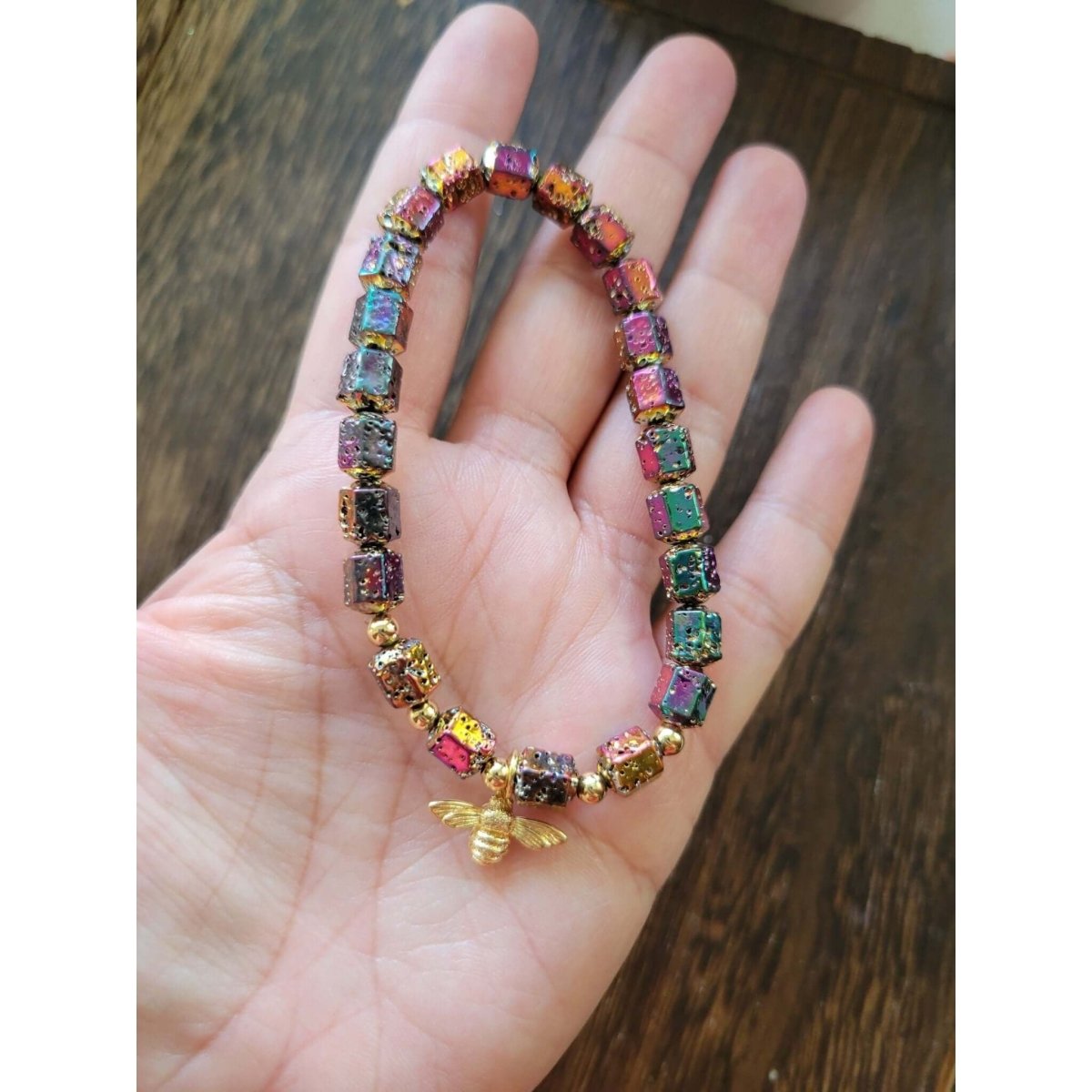 Natural Lava Rock Hexagon Beads Stretch Bracelets, Bee Shape Brass Charm Bracelet, Oil Diffuser Stone Bracelet for Women -Bracelets