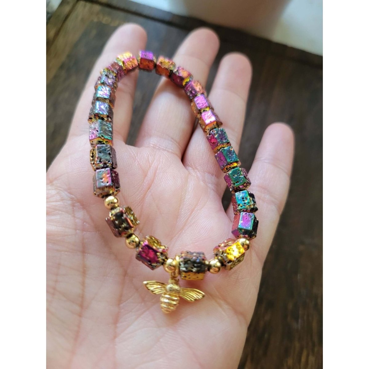Natural Lava Rock Hexagon Beads Stretch Bracelets, Bee Shape Brass Charm Bracelet, Oil Diffuser Stone Bracelet for Women -Bracelets