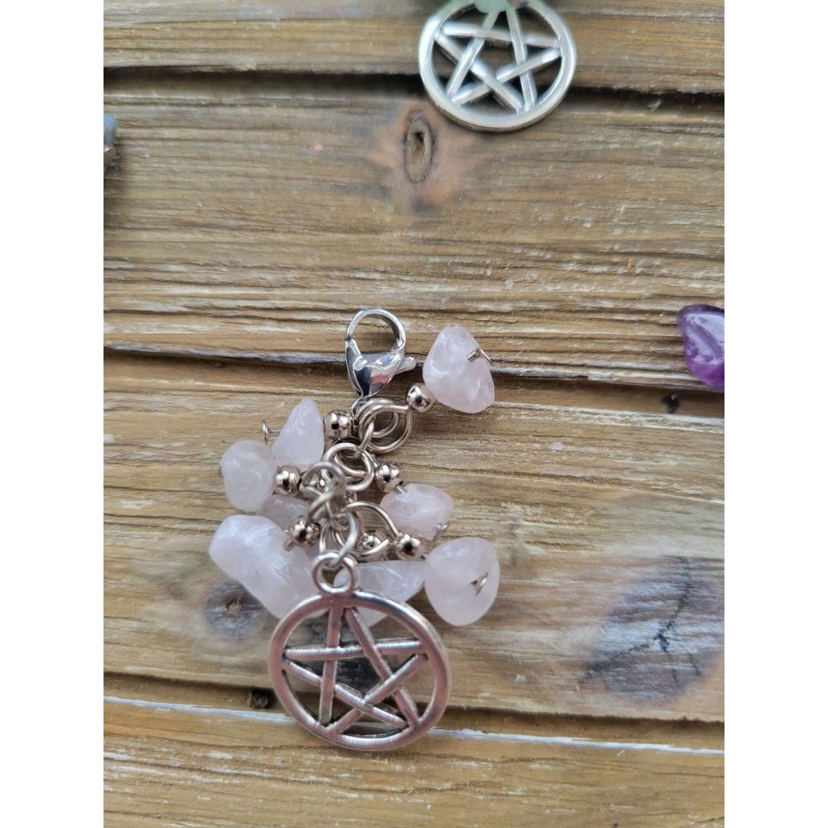 Natural Mixed Stone Chips Pendants, Pentagram Pendants and Brass Lobster Claw Clasps/ Protection Charms with crystals -Charms & Pendants