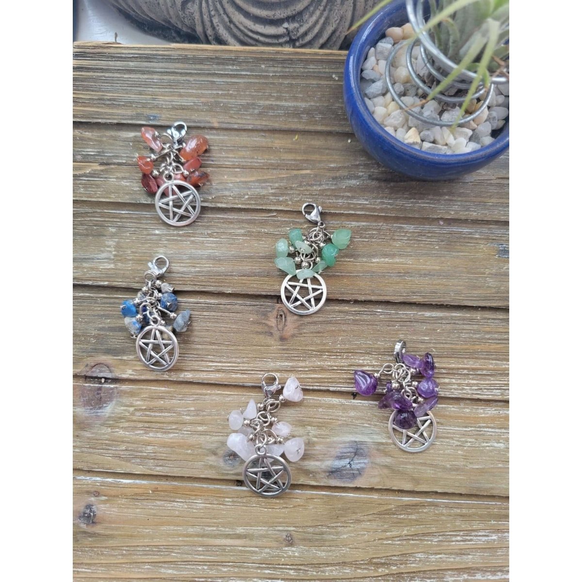 Natural Mixed Stone Chips Pendants, Pentagram Pendants and Brass Lobster Claw Clasps/ Protection Charms with crystals -Charms & Pendants