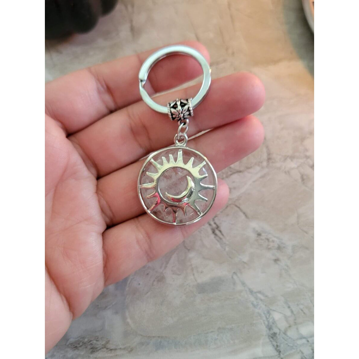 Natural Quartz Crystal Keychain, Flat Round with Sun & Moon -