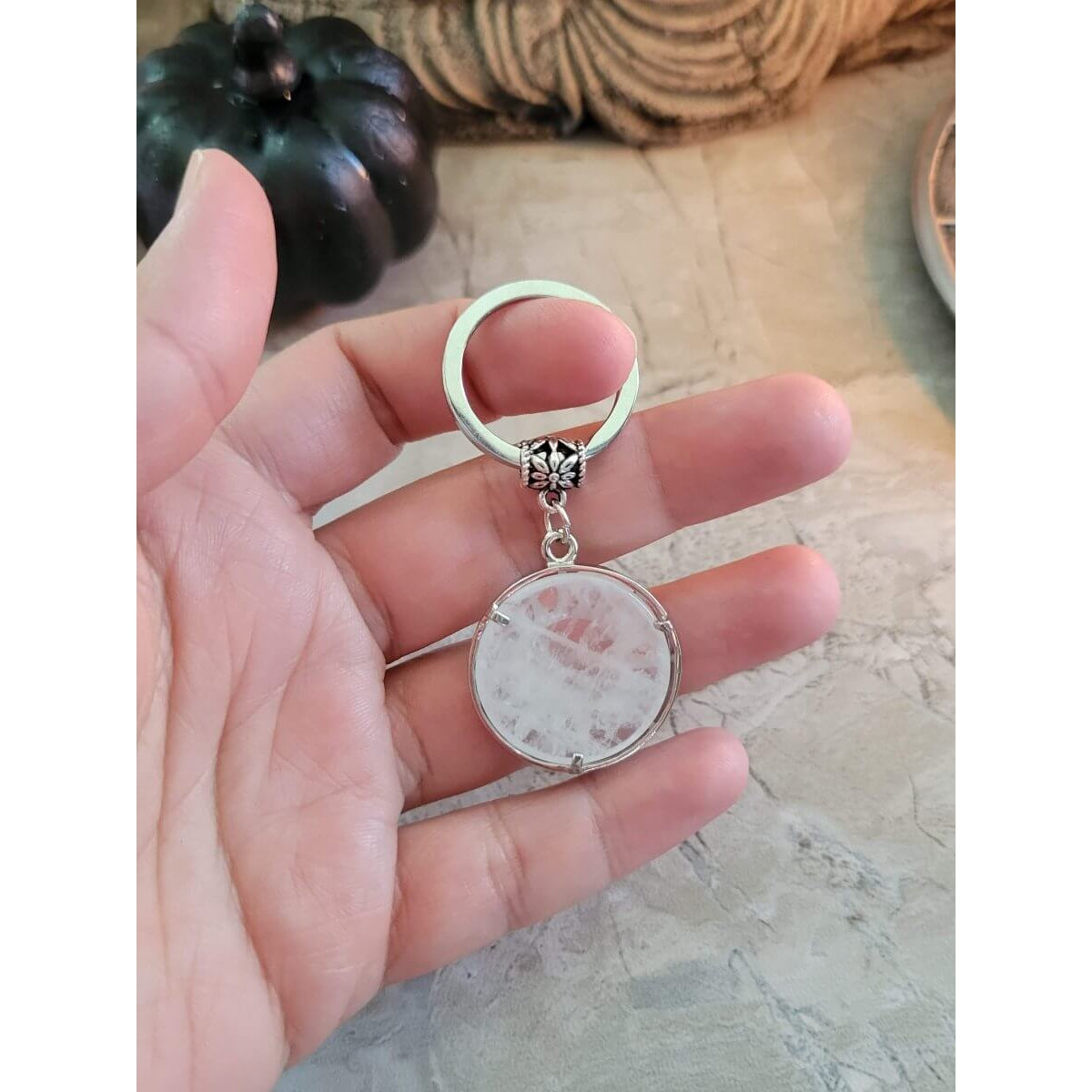 Natural Quartz Crystal Keychain, Flat Round with Sun & Moon -