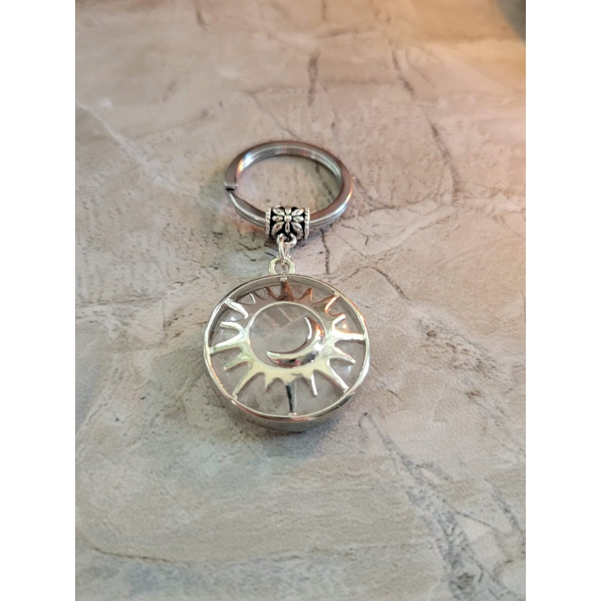 Natural Quartz Crystal Keychain, Flat Round with Sun & Moon -