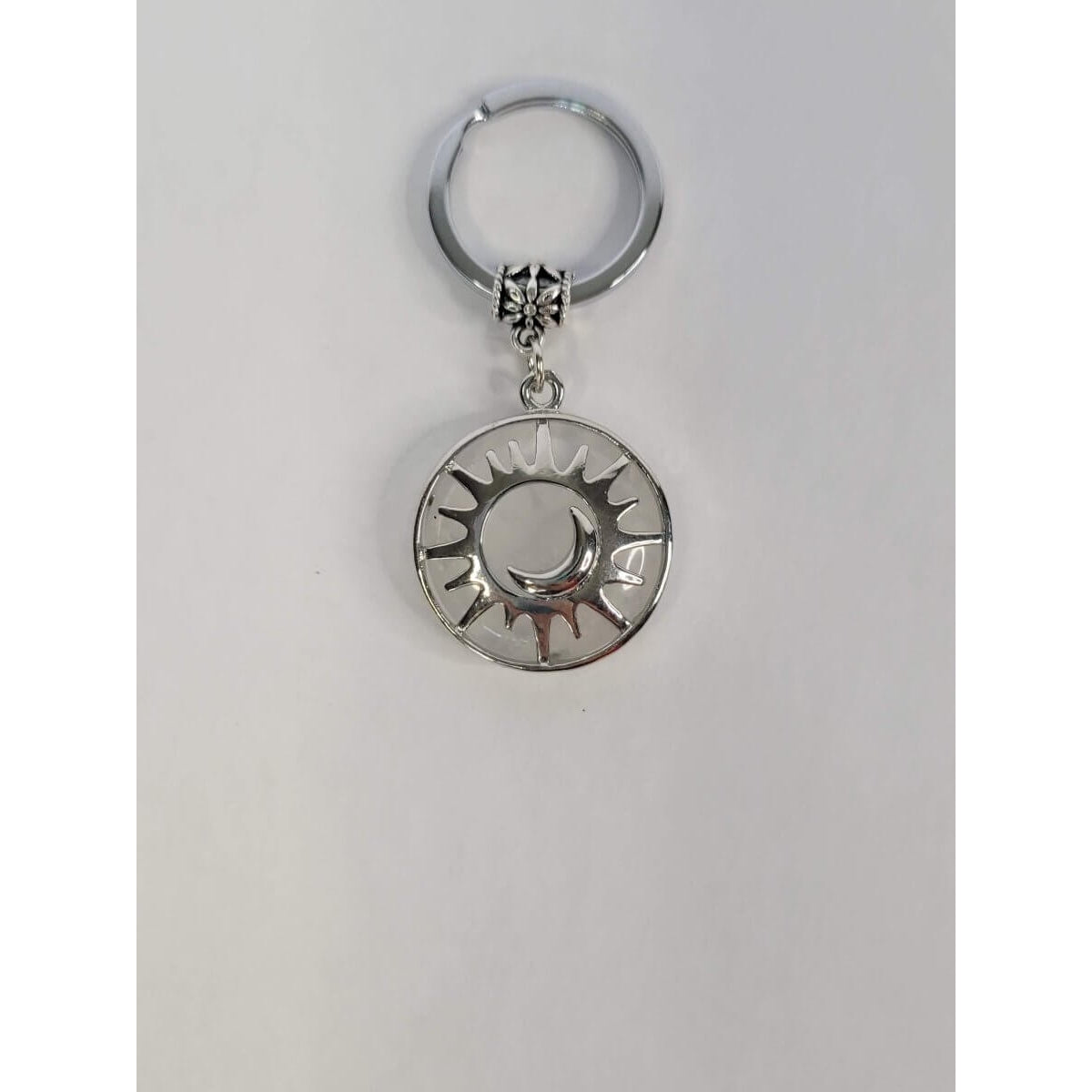 Natural Quartz Crystal Keychain, Flat Round with Sun & Moon -