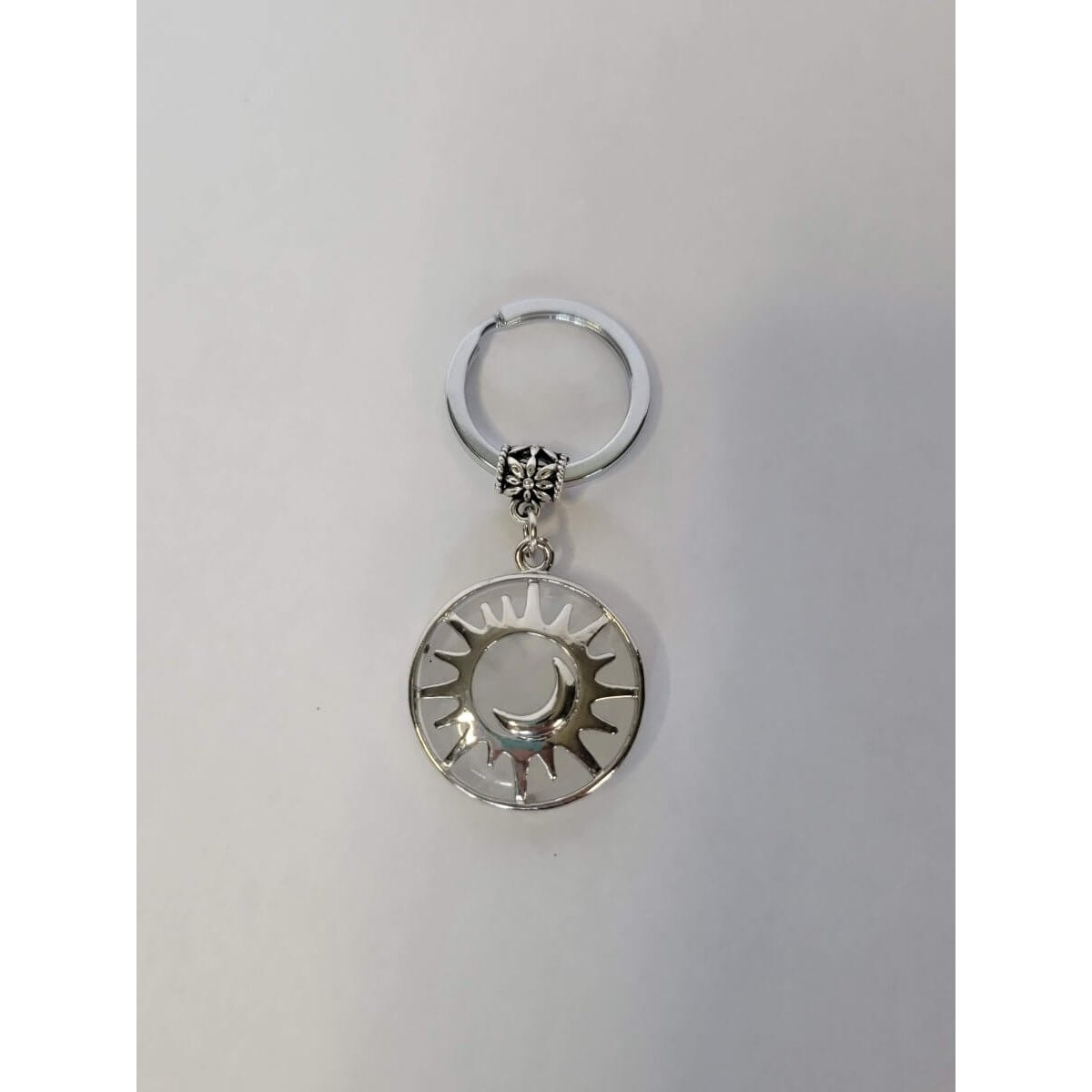 Natural Quartz Crystal Keychain, Flat Round with Sun & Moon -
