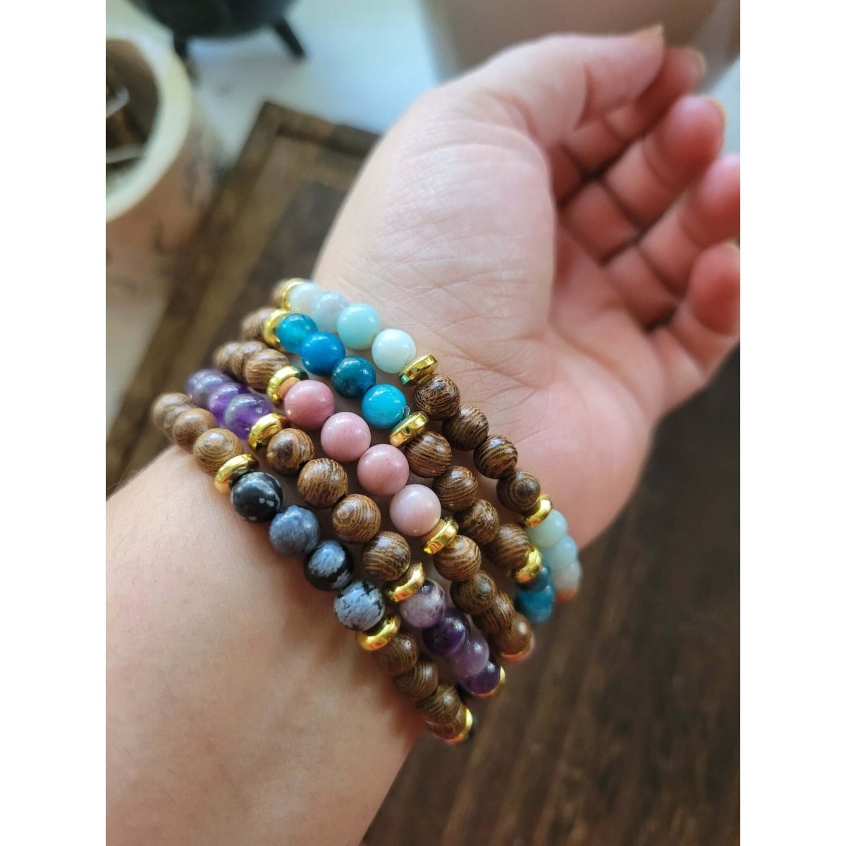 Natural Wenge Wood & Gemstone Round Beaded Stretch Bracelet -Bracelets