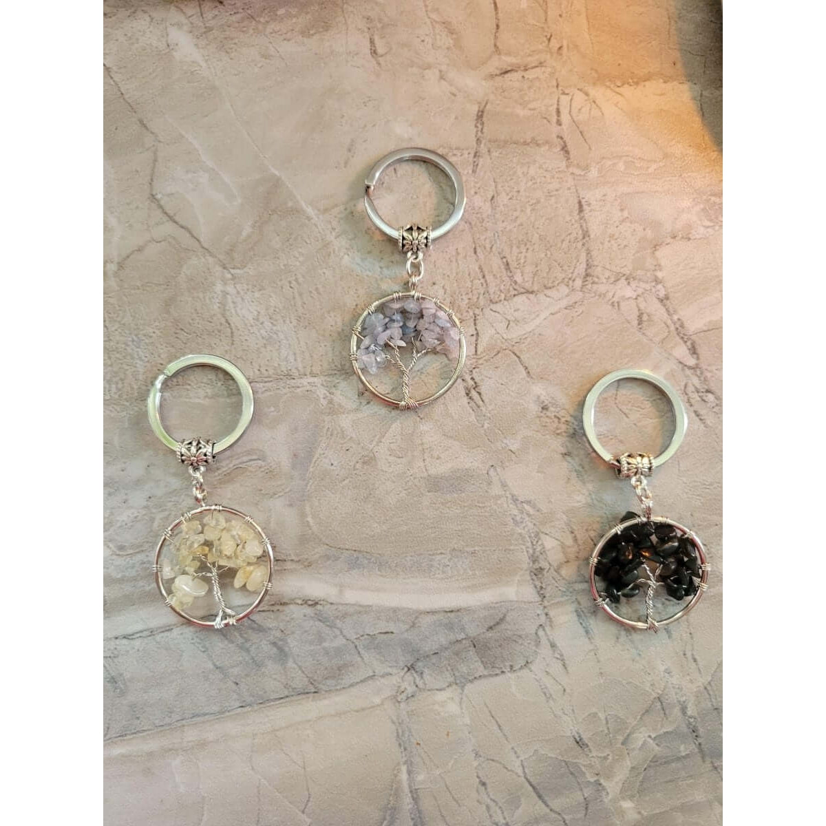 Natural/Synthetic Mixed Stone Keychain, Flat Round with Tree of Life -