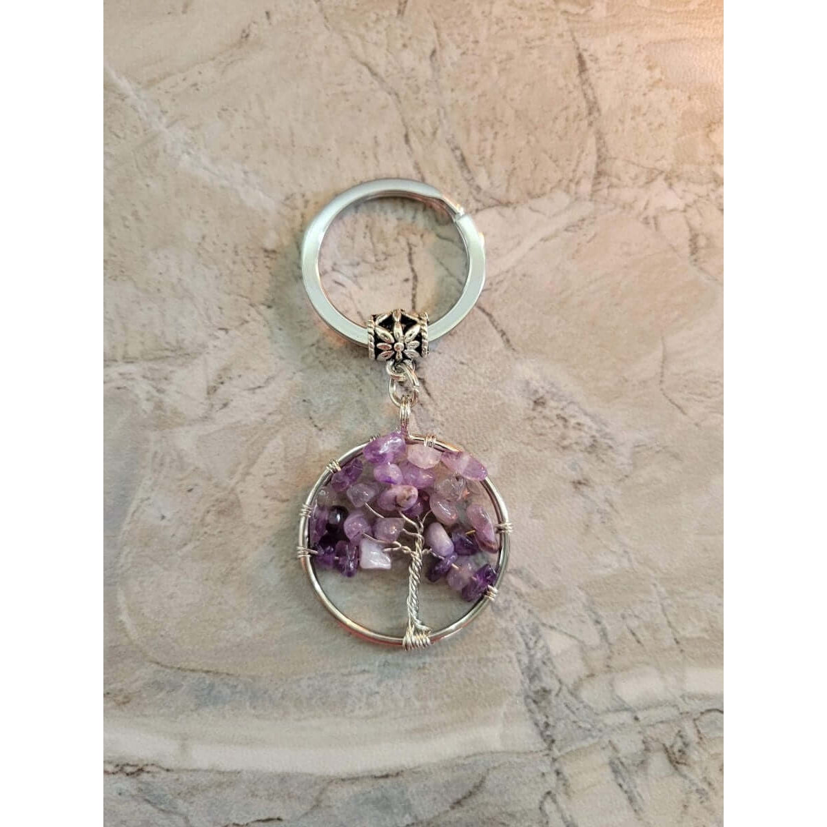 Natural/Synthetic Mixed Stone Keychain, Flat Round with Tree of Life -