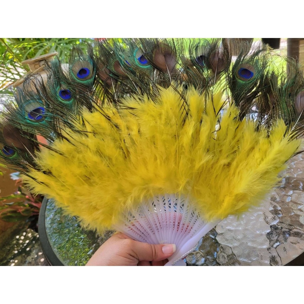 Peacock Feather Fan with Blue , Yellow Marabou, Feather Fan , Altar Decoration -
