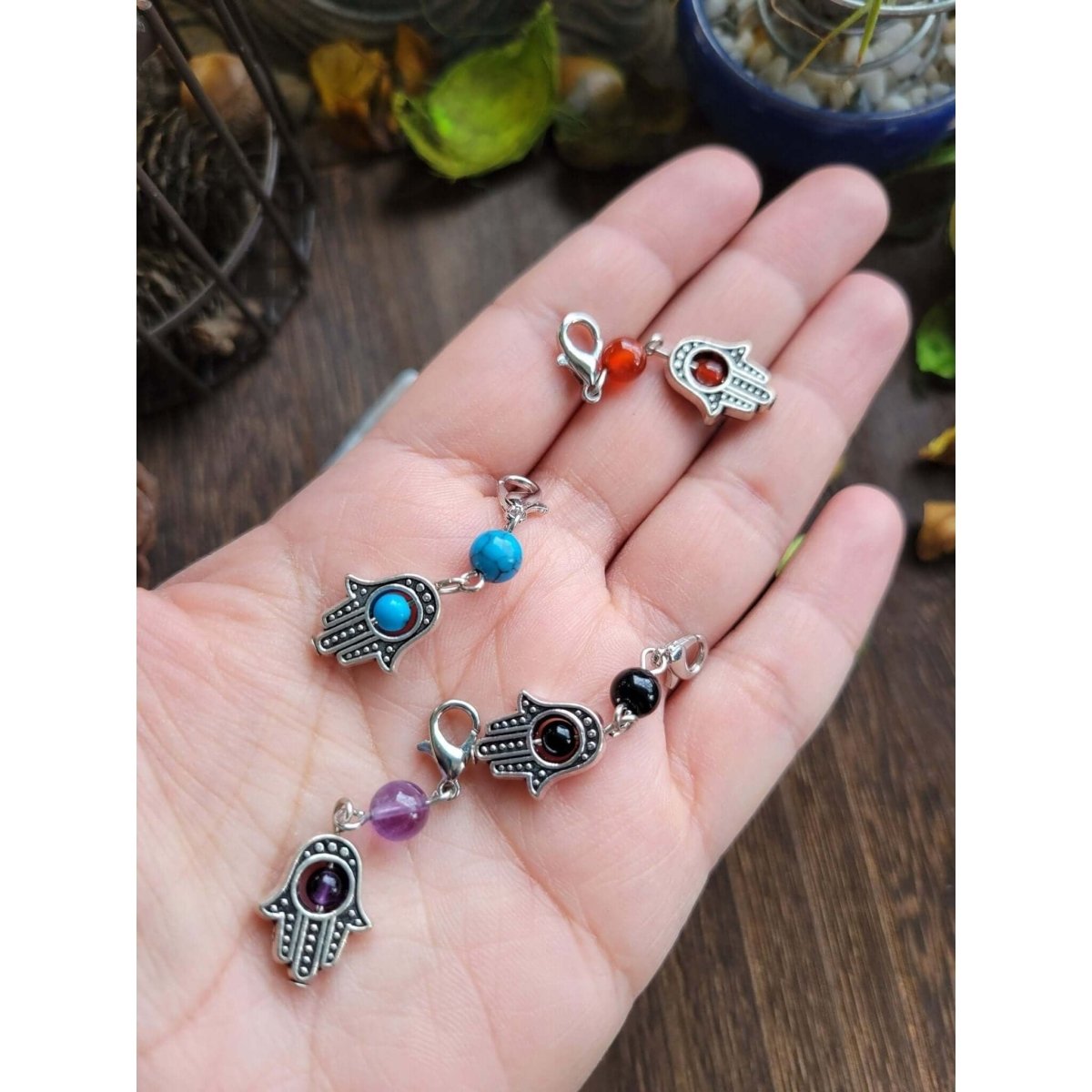 Pendants, with Natural & Synthetic Mixed Stone Beads and Lobster Claw Clasps, Hamsa Hand/Hand of Fatima/Hand of Miriam -Charms & Pendants