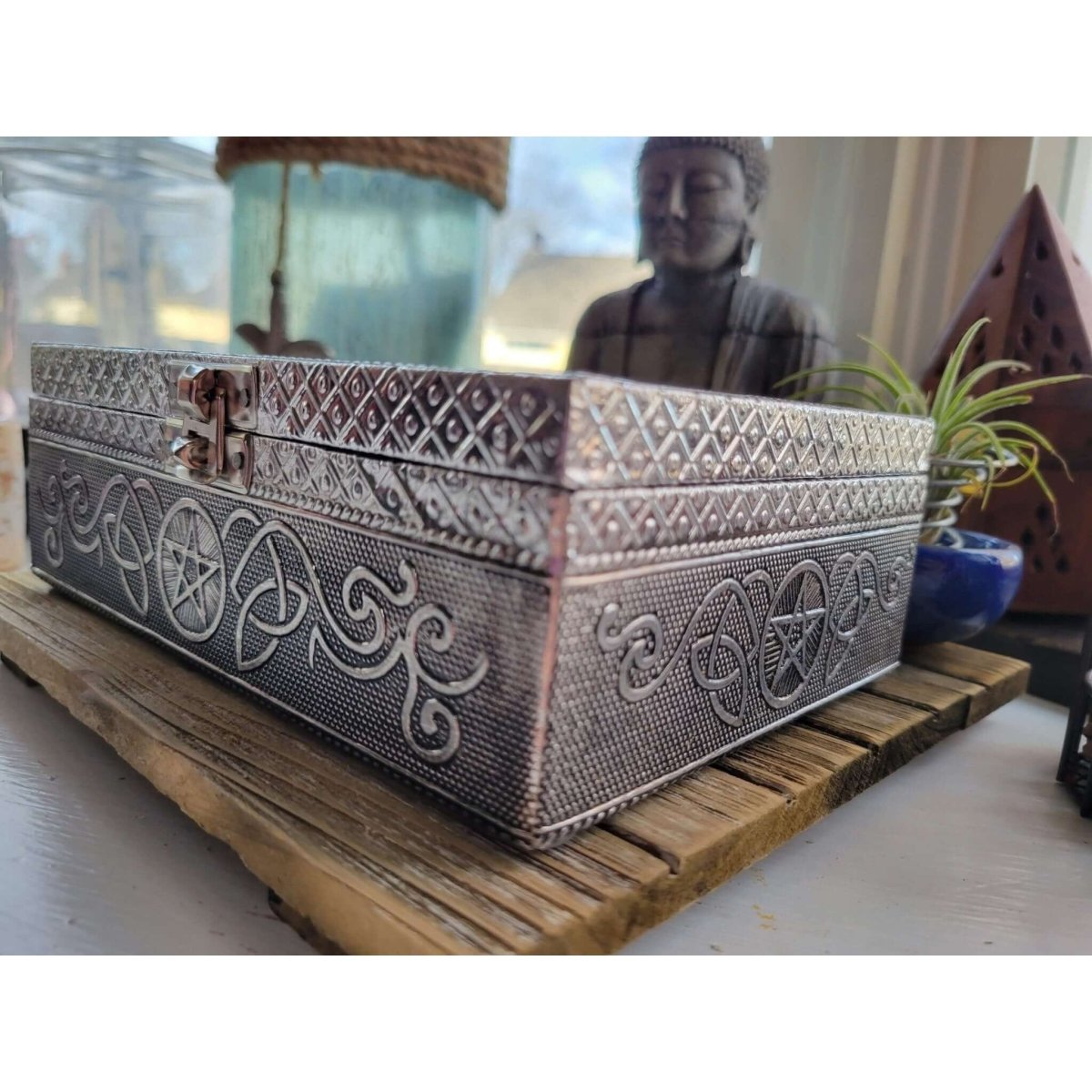 Pentagram carved metal over wood/ tarot box/ altar box -