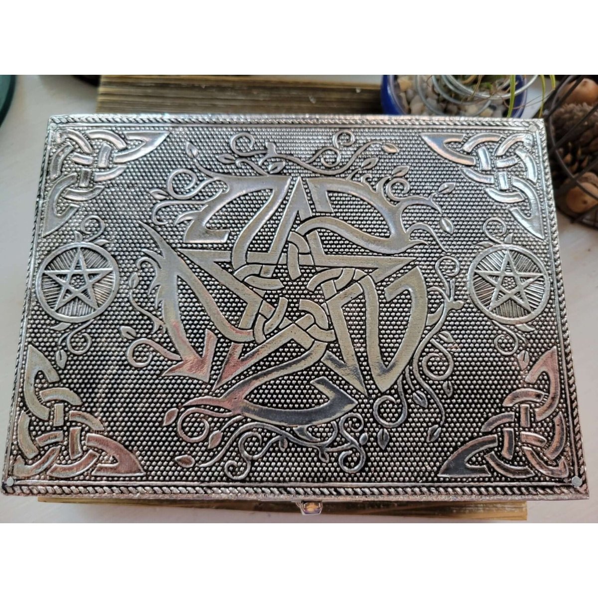 Pentagram carved metal over wood/ tarot box/ altar box -