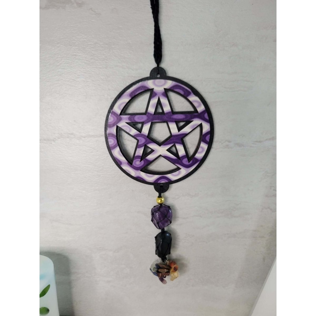 Pentagram Tie Dye Wooden Wall/Car hanging w/ Tumble Stones -Decor