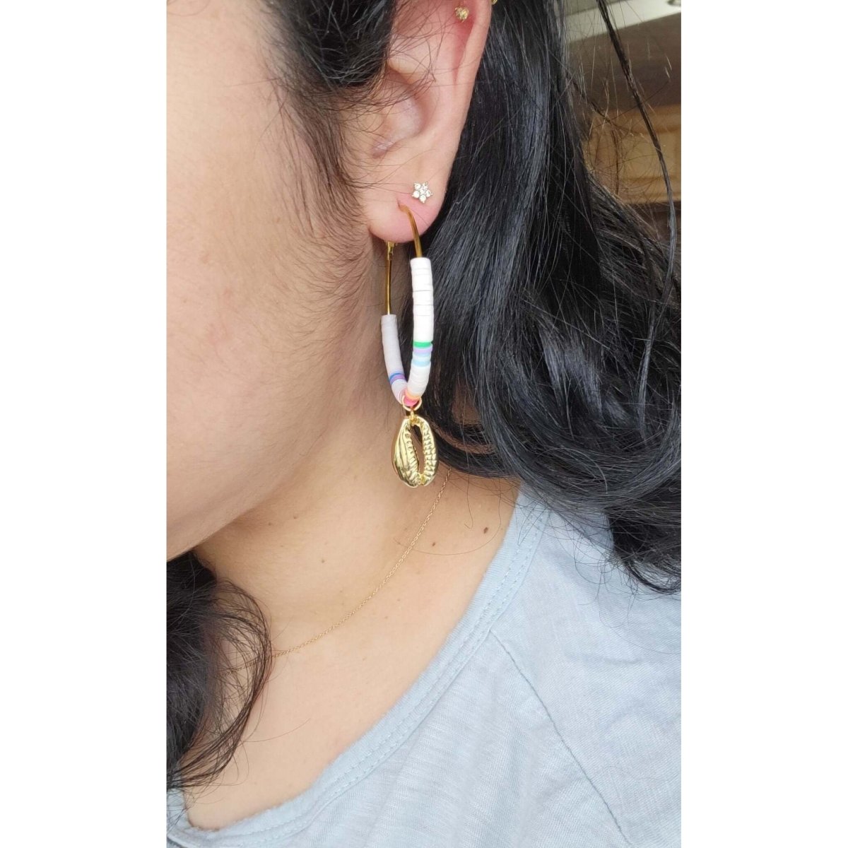 Polymer Clay Beaded Dangle Hoop Earrings/ Handmade Earrings with Shell -