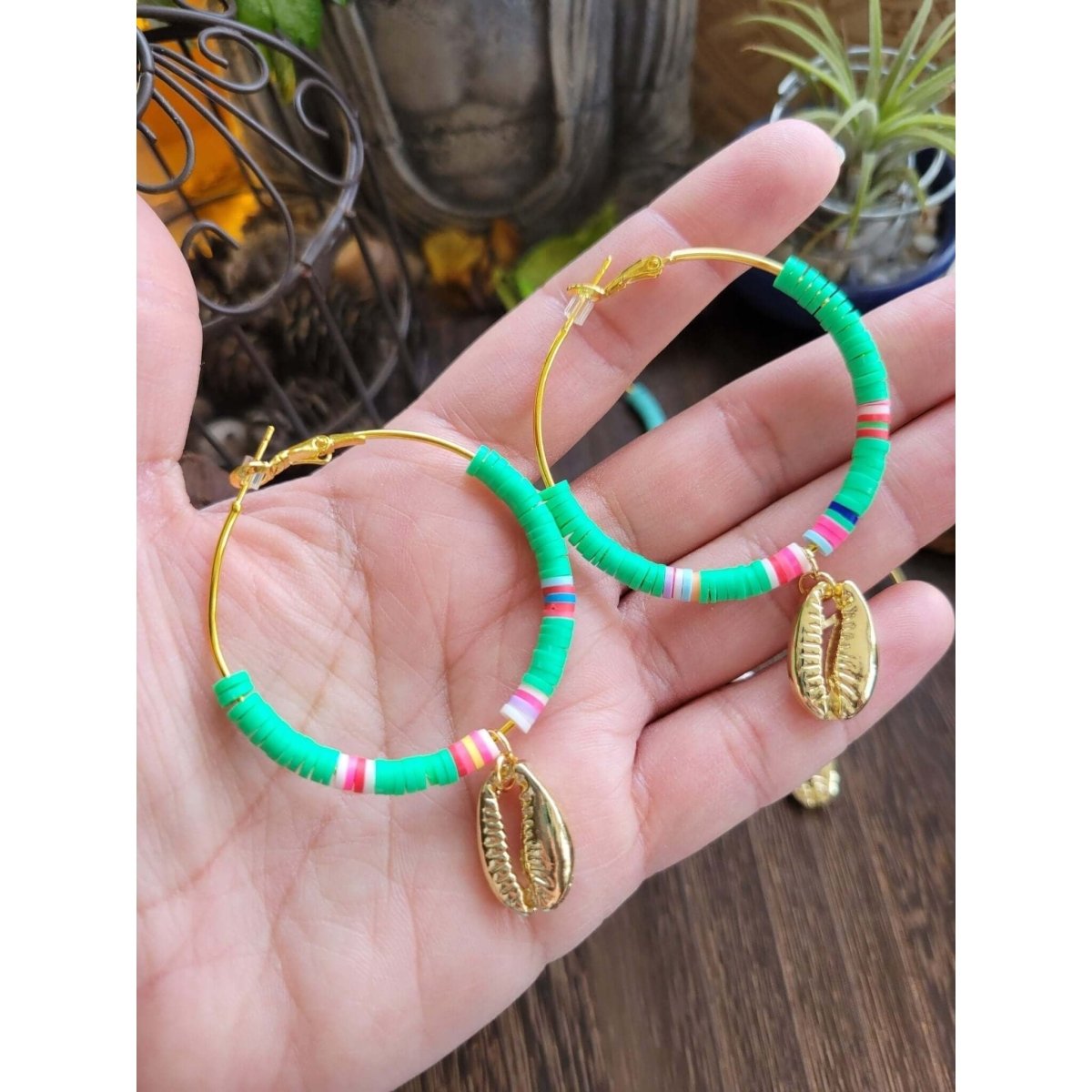 Polymer Clay Beaded Dangle Hoop Earrings/ Handmade Earrings with Shell -