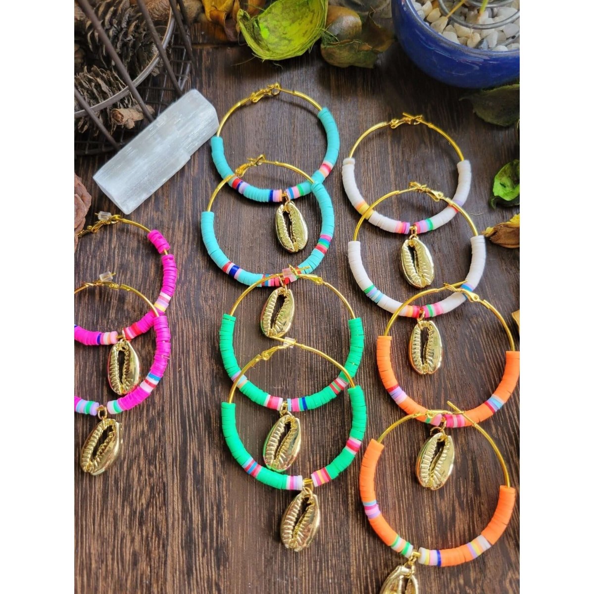 Polymer Clay Beaded Dangle Hoop Earrings/ Handmade Earrings with Shell -