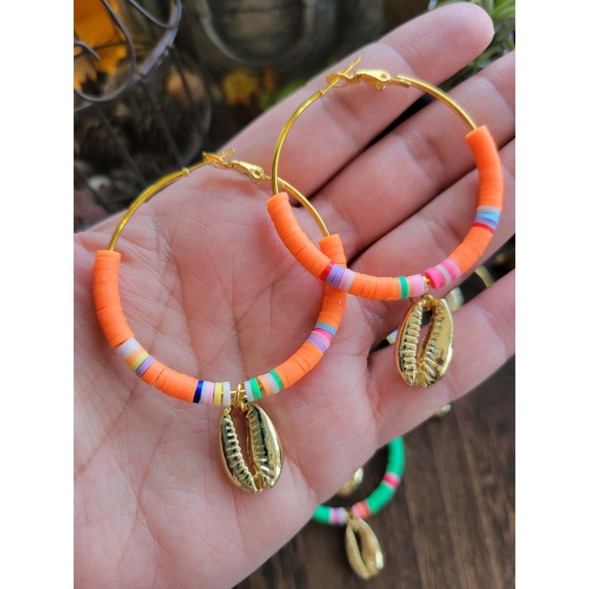 Polymer Clay Beaded Dangle Hoop Earrings/ Handmade Earrings with Shell -