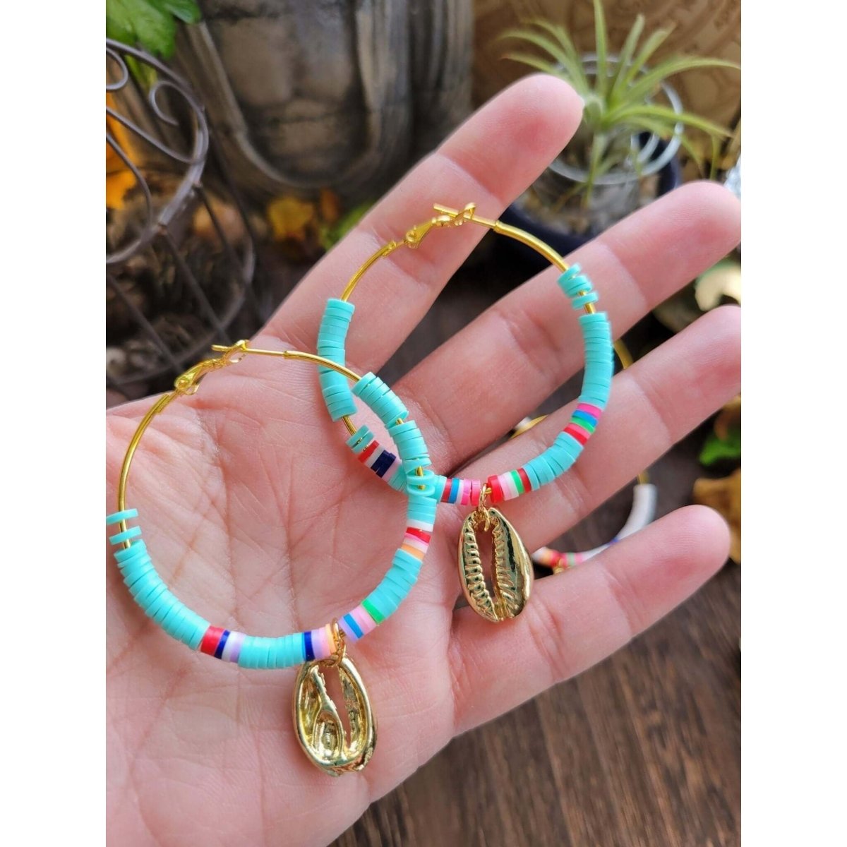 Polymer Clay Beaded Dangle Hoop Earrings/ Handmade Earrings with Shell -