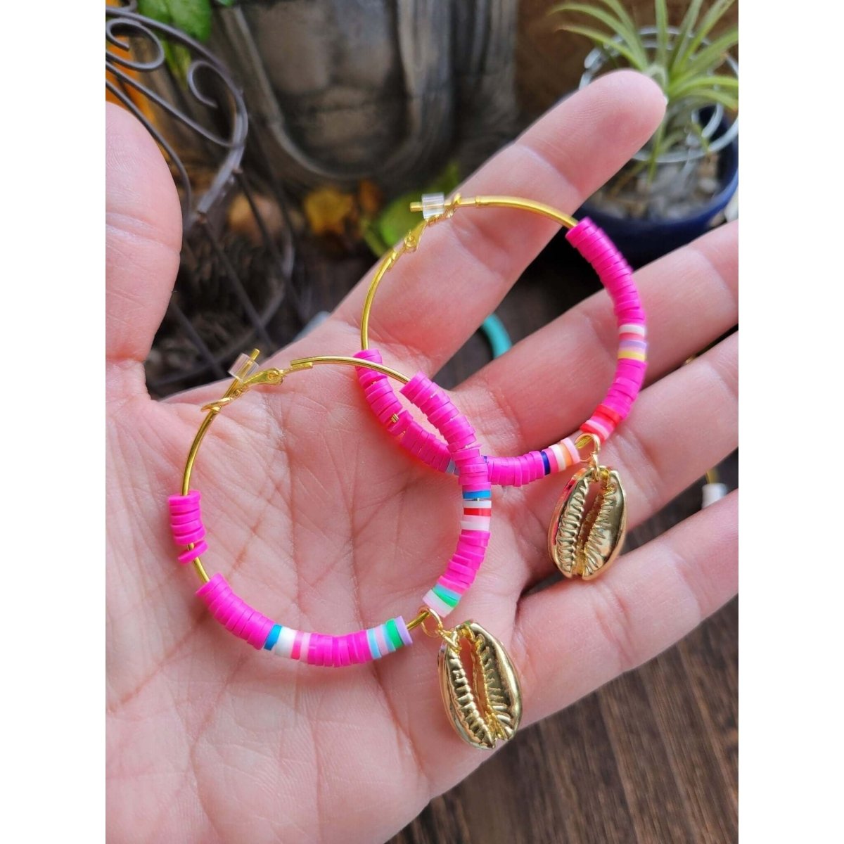 Polymer Clay Beaded Dangle Hoop Earrings/ Handmade Earrings with Shell -