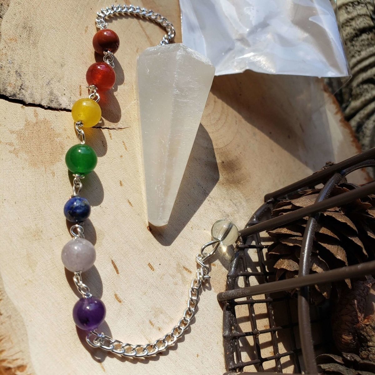 Selenite 7 chakra chain Pendulum, Divination Tool, Crystal Pendulum, Reiki Charged, Energy Balancing -Crystals