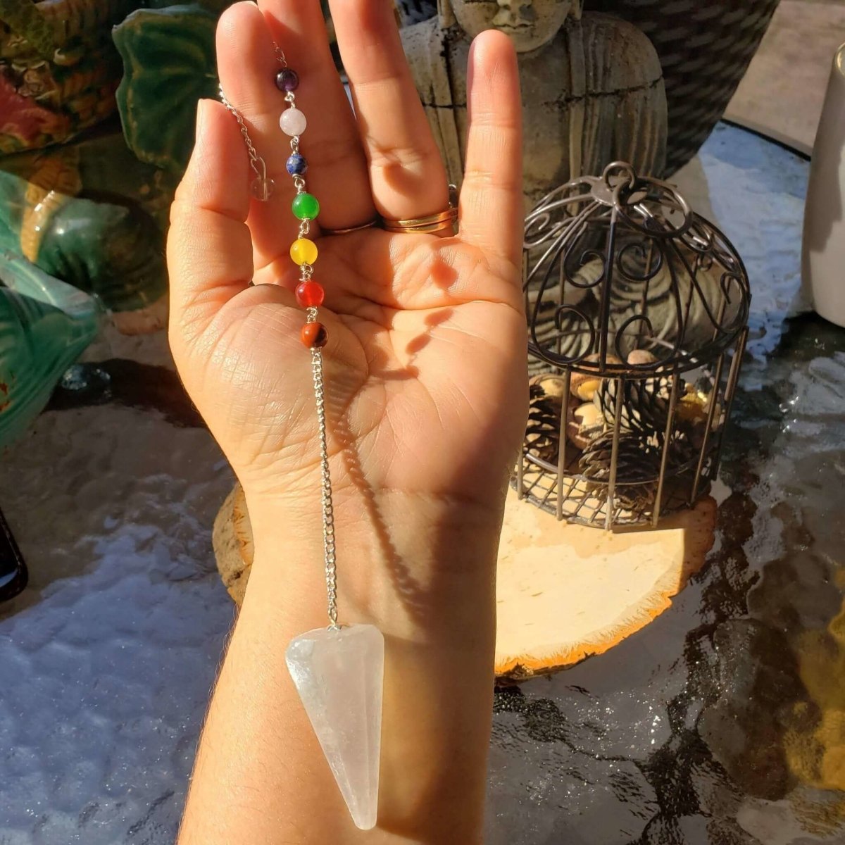 Selenite 7 chakra chain Pendulum, Divination Tool, Crystal Pendulum, Reiki Charged, Energy Balancing -Crystals