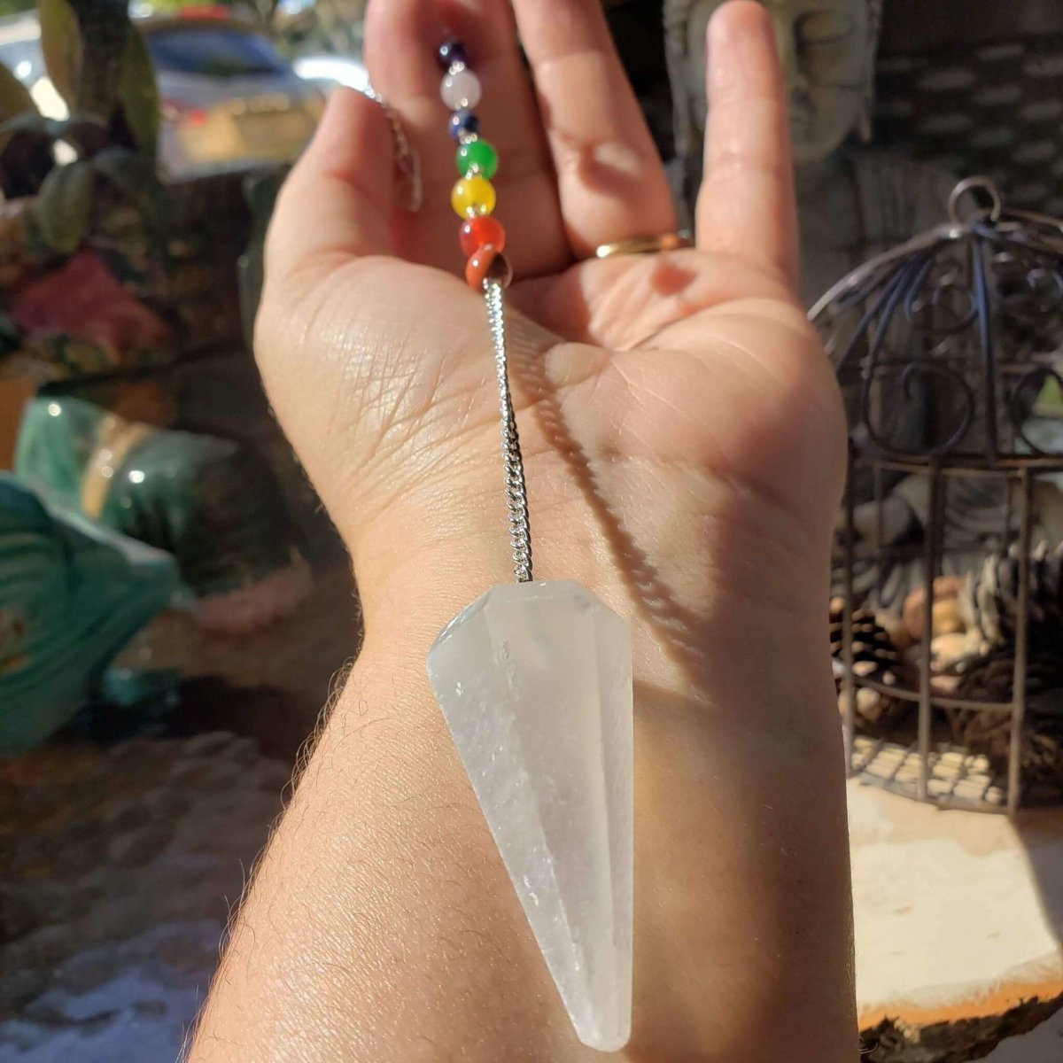 Selenite 7 chakra chain Pendulum, Divination Tool, Crystal Pendulum, Reiki Charged, Energy Balancing -Crystals